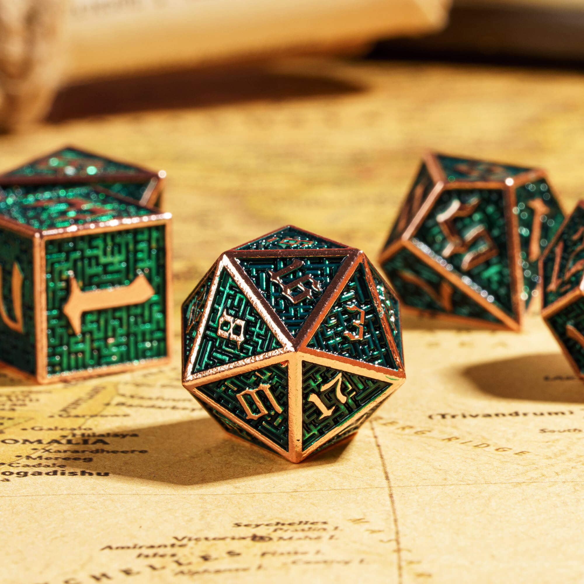 7 Polyhedral Maze Metal DD Dice Sets Copper Green - Dice of Dragons