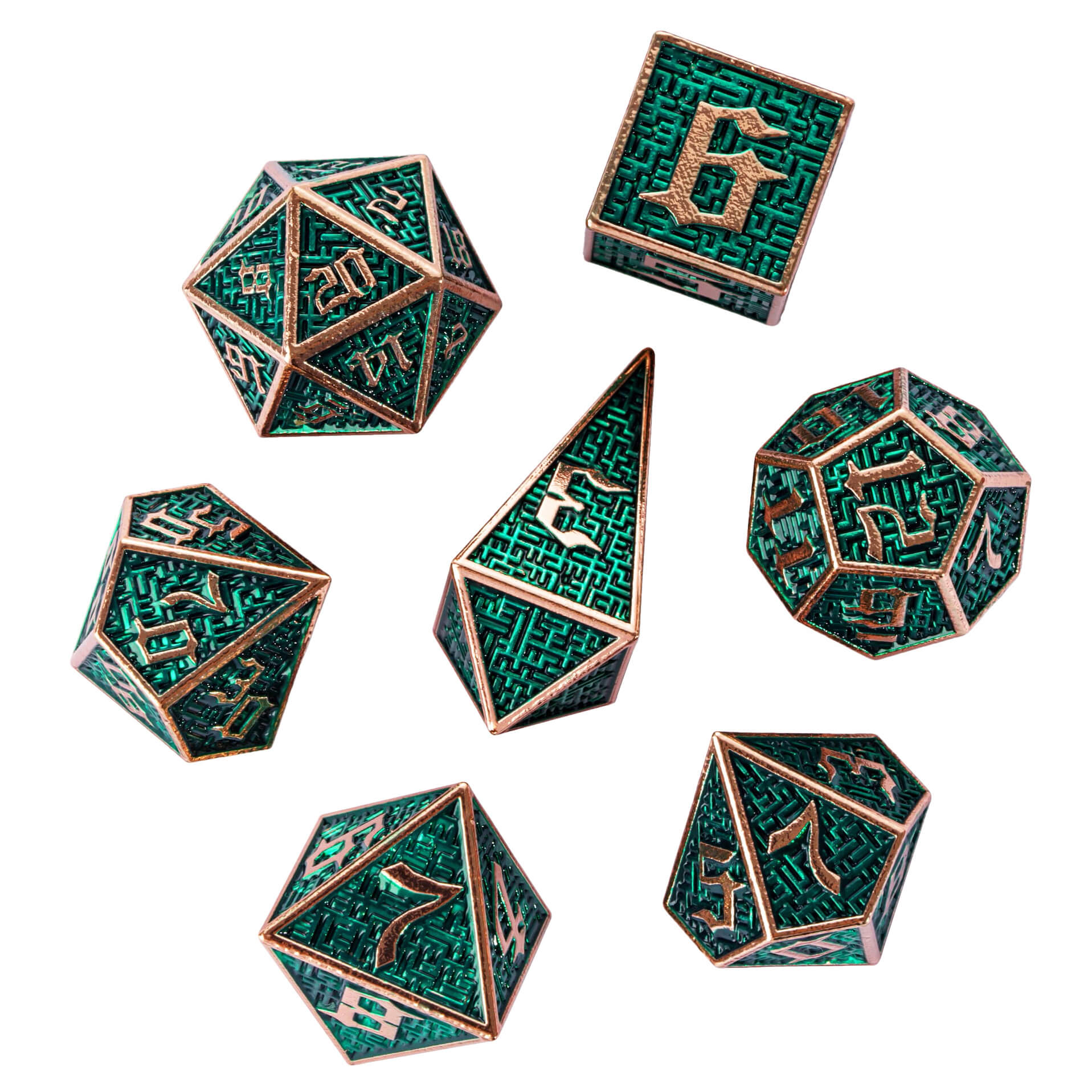 7 Polyhedral Maze Metal DD Dice Sets Copper Green - Dice of Dragons