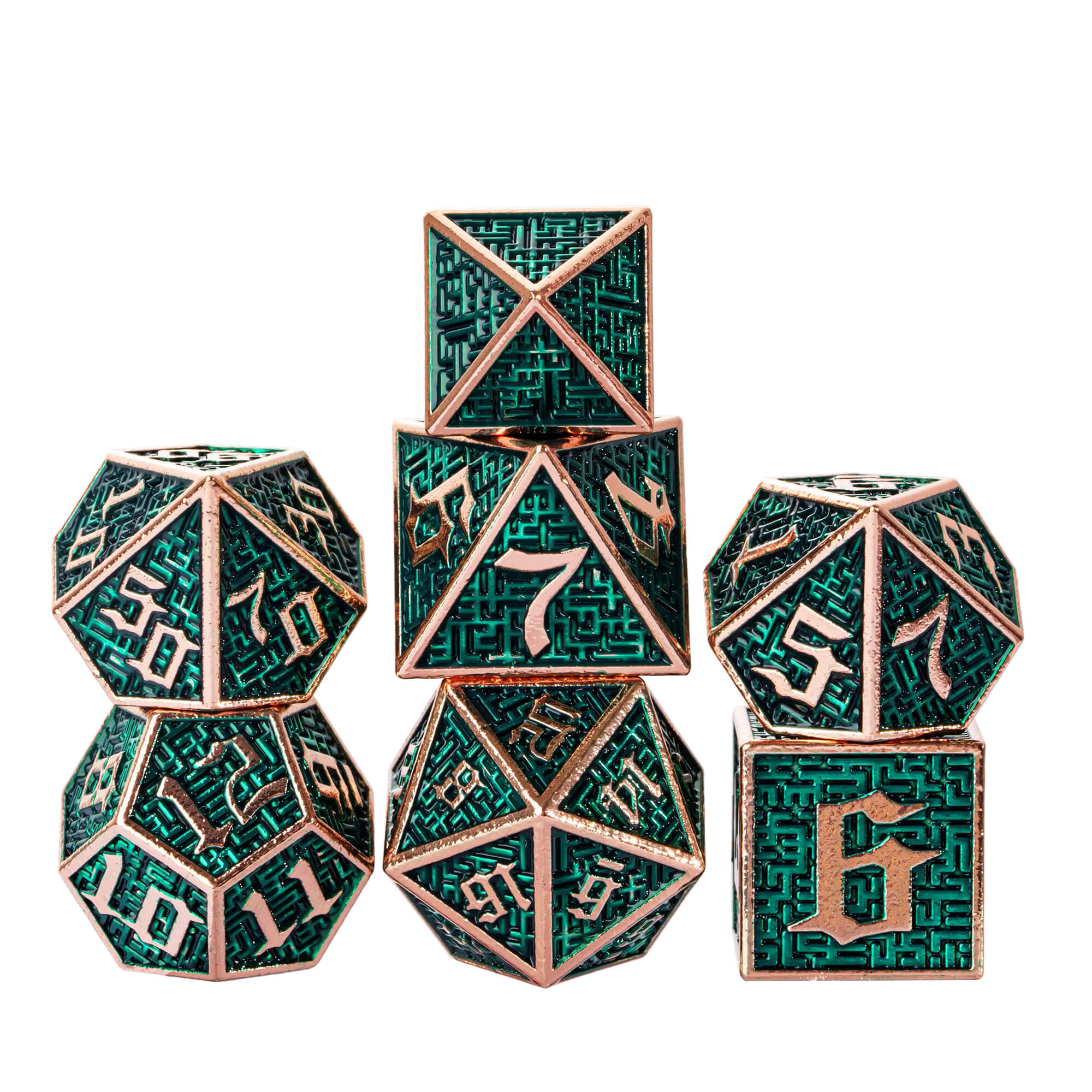 7 Polyhedral Maze Metal DD Dice Sets Copper Green - Dice of Dragons