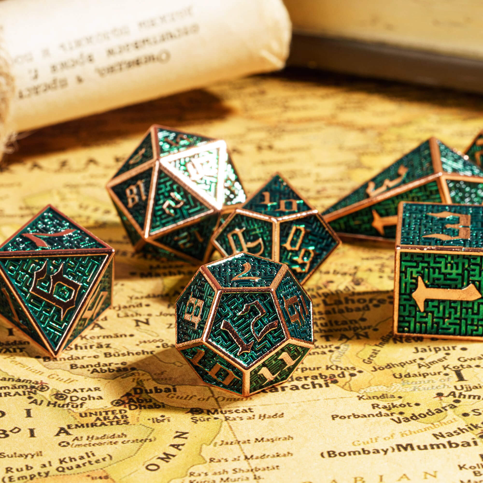 7 Polyhedral Maze Metal DD Dice Sets Copper Green - Dice of Dragons