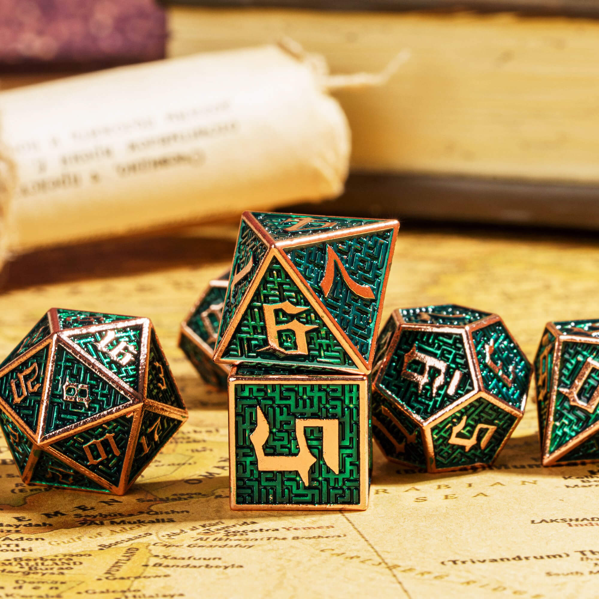 7 Polyhedral Maze Metal DD Dice Sets Copper Green - Dice of Dragons