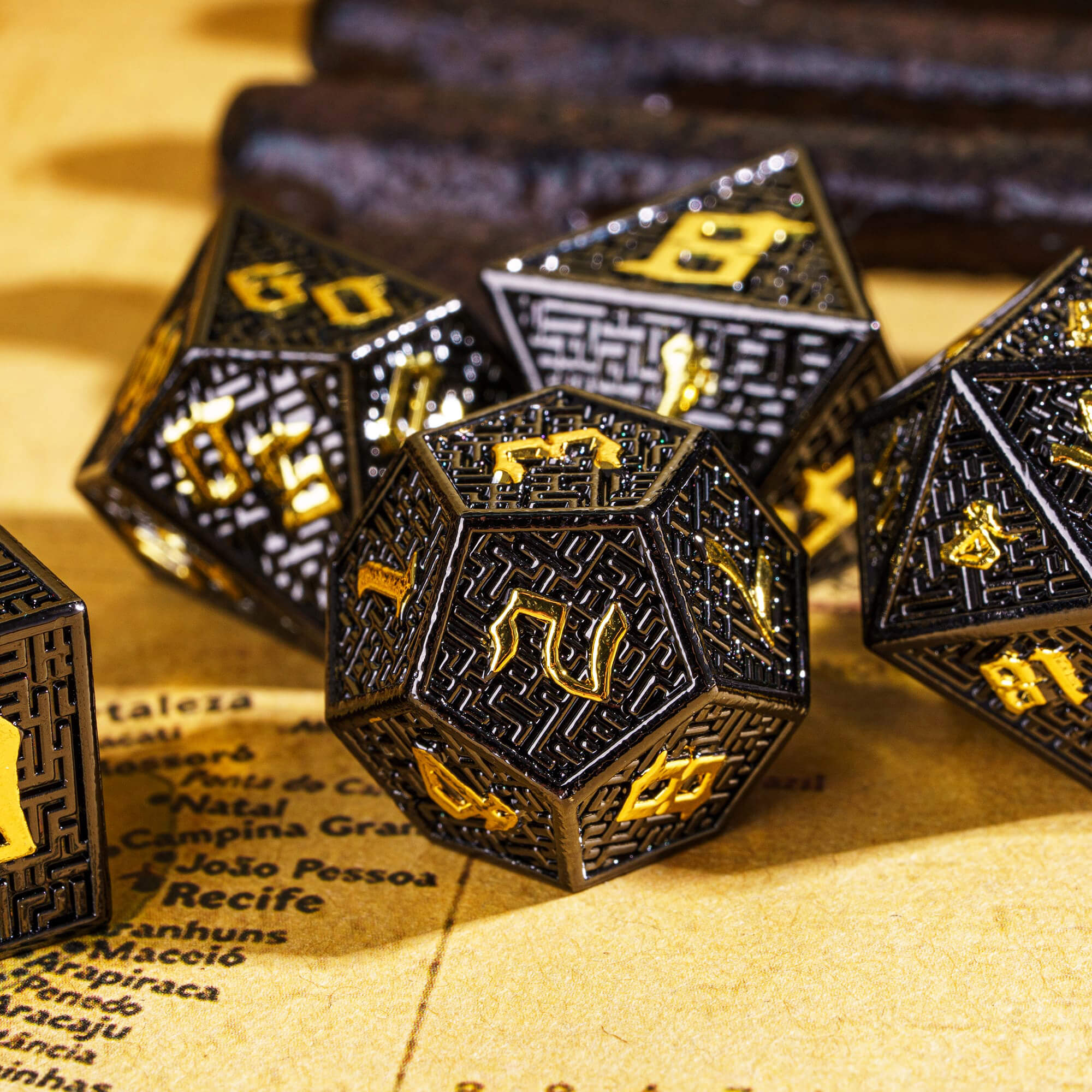 7 Polyhedral Maze Metal Dice Set DD Black Gold - Dice of Dragons