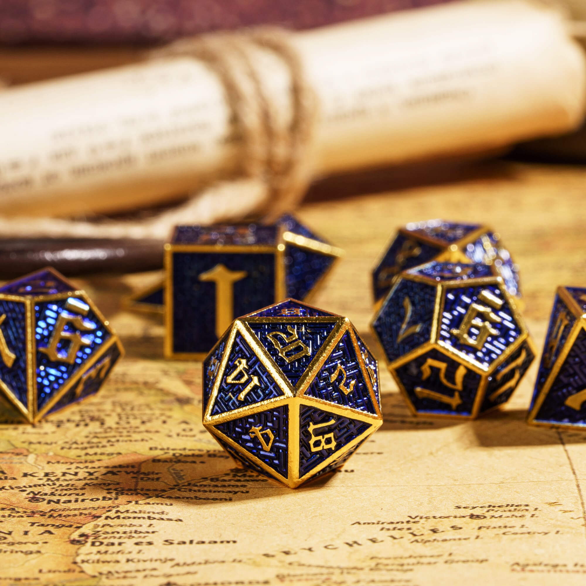 7 Polyhedral Maze Metal Dice Sets D And D Gold Blue - Dice of Dragons