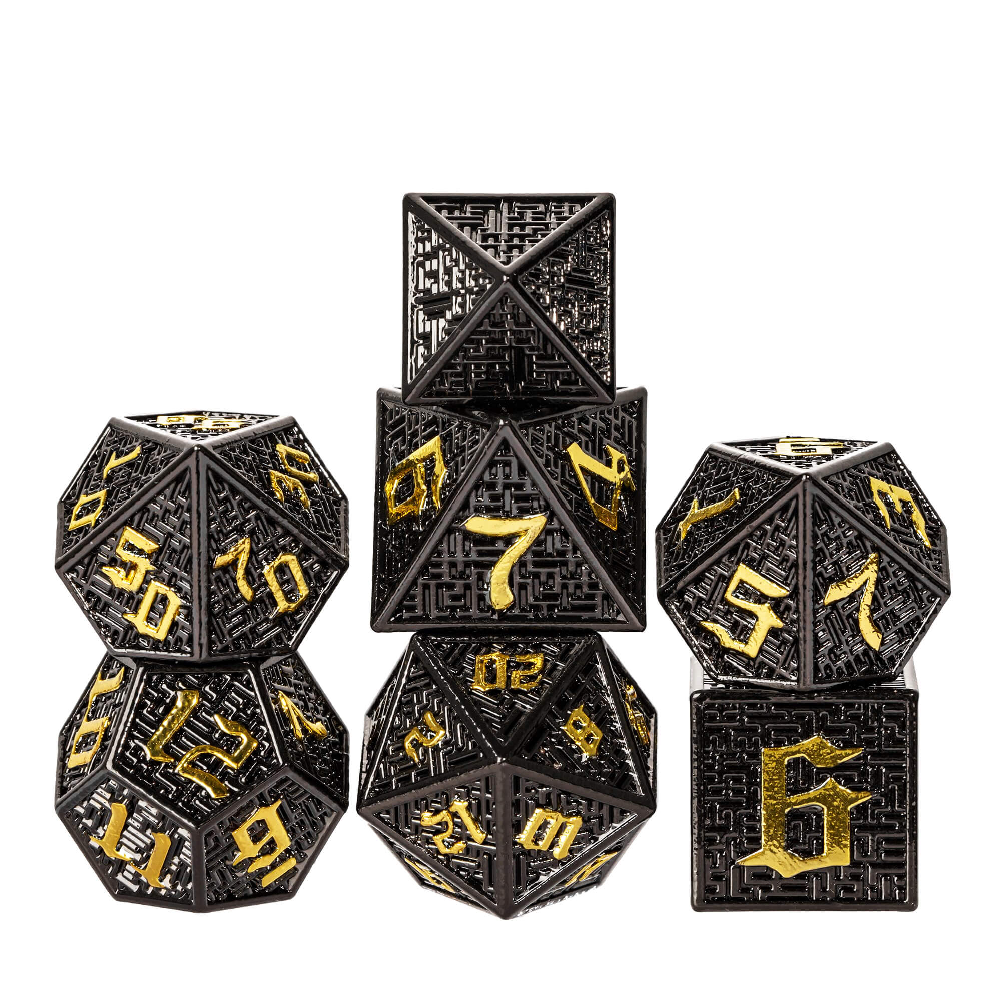 7 Polyhedral Maze Metal Dice Set DD Black Gold - Dice of Dragons