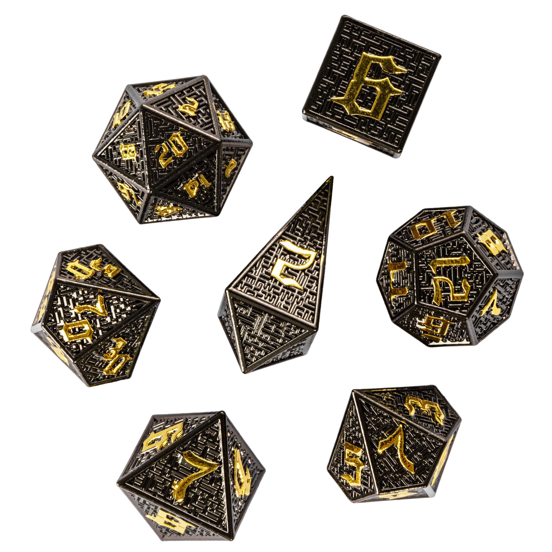 7 Polyhedral Maze Metal Dice Set DD Black Gold - Dice of Dragons