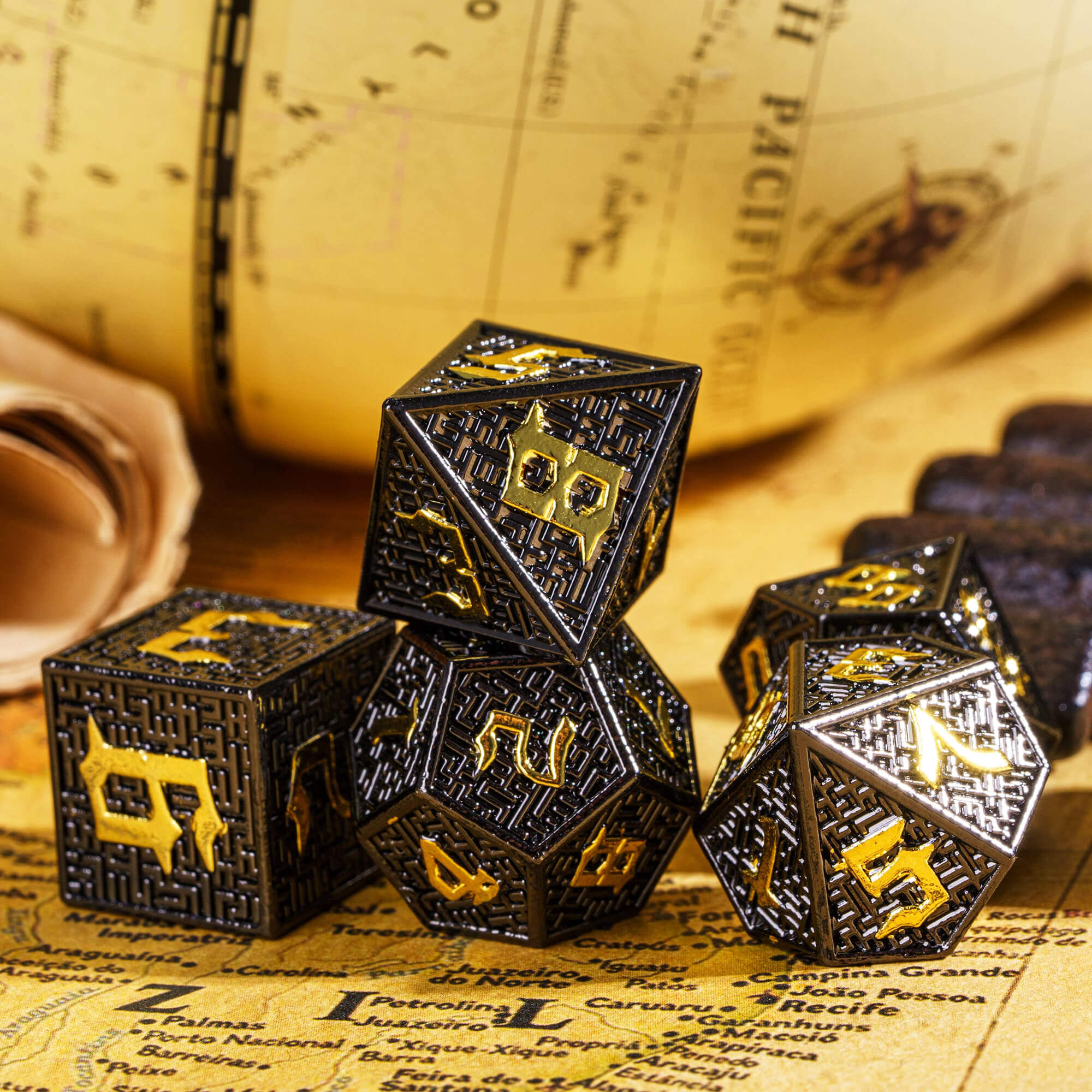 7 Polyhedral Maze Metal Dice Set DD Black Gold - Dice of Dragons