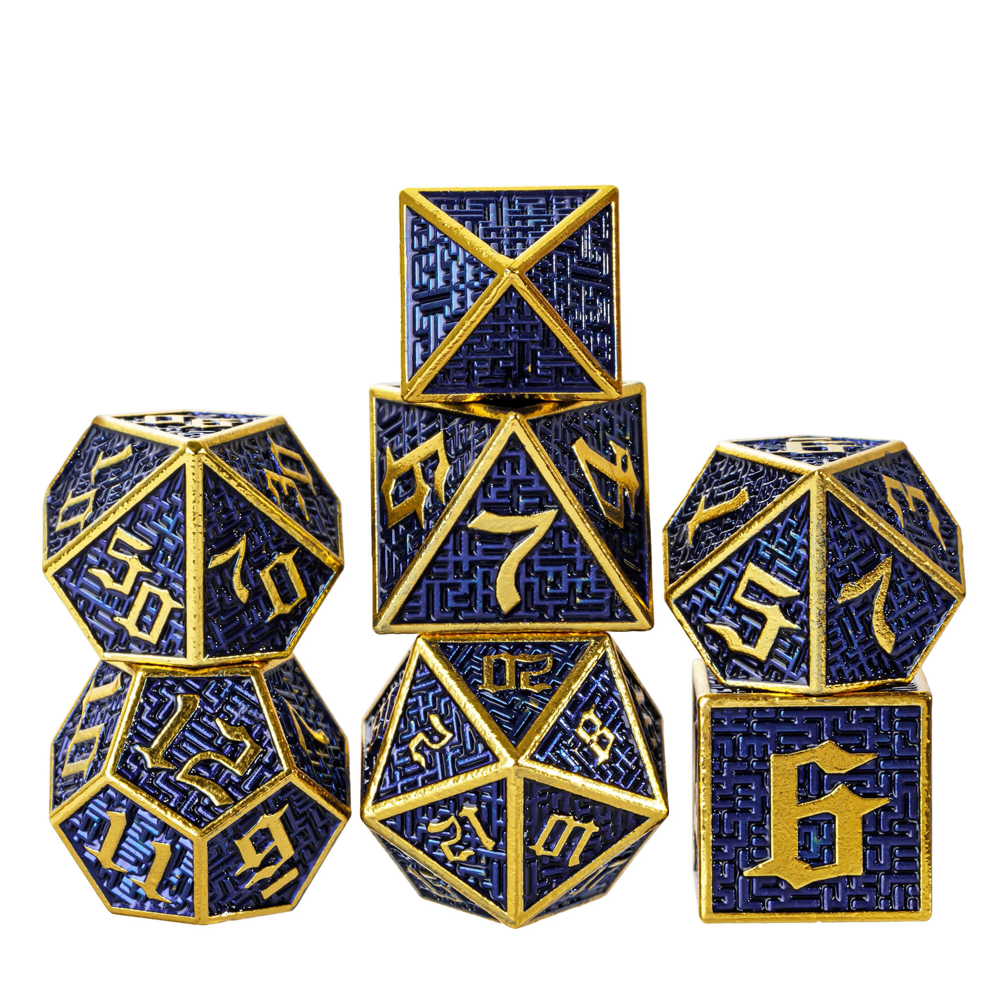 7 Polyhedral Maze Metal Dice Sets D And D Gold Blue - Dice of Dragons