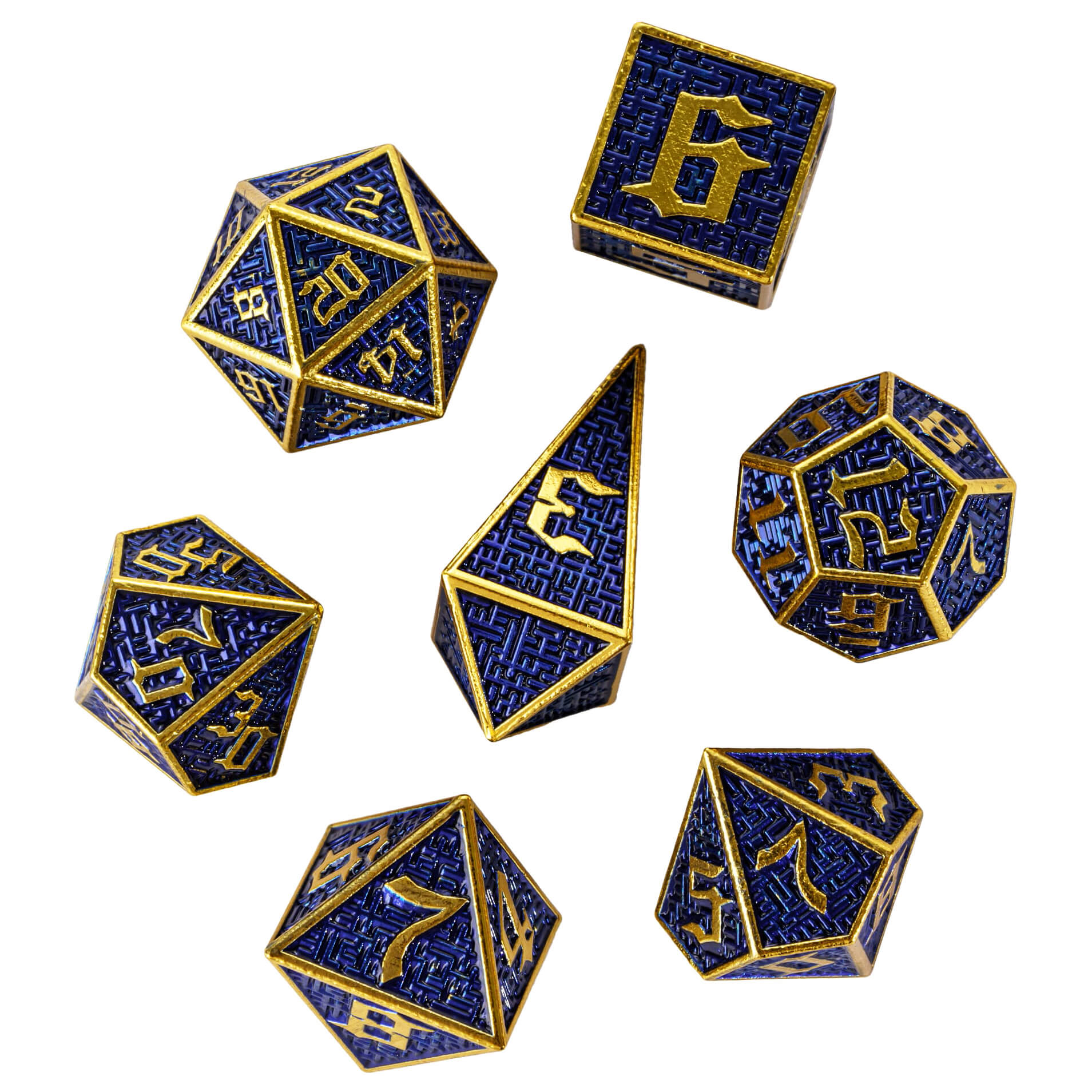 7 Polyhedral Maze Metal Dice Sets D And D Gold Blue - Dice of Dragons