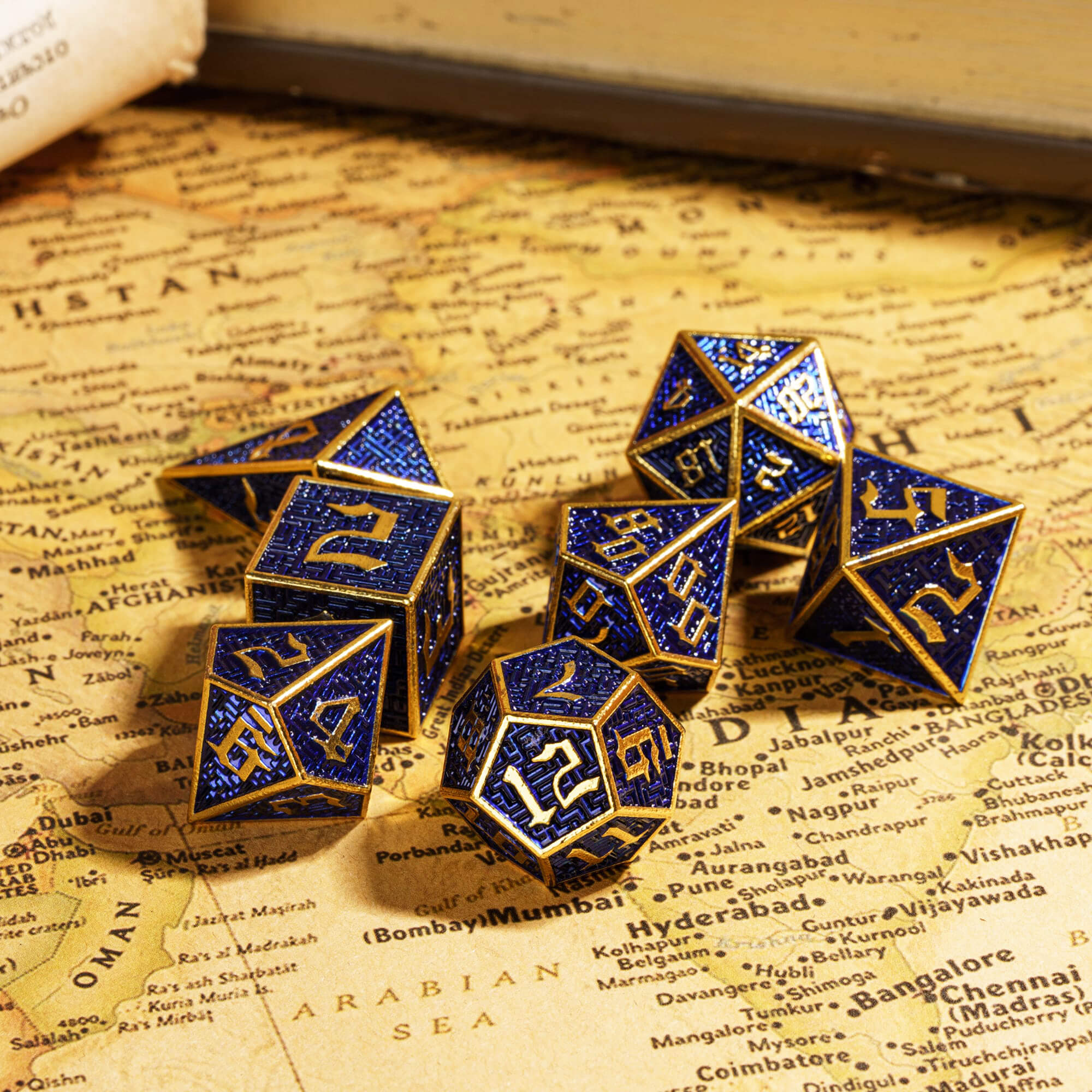 7 Polyhedral Maze Metal Dice Sets D And D Gold Blue - Dice of Dragons