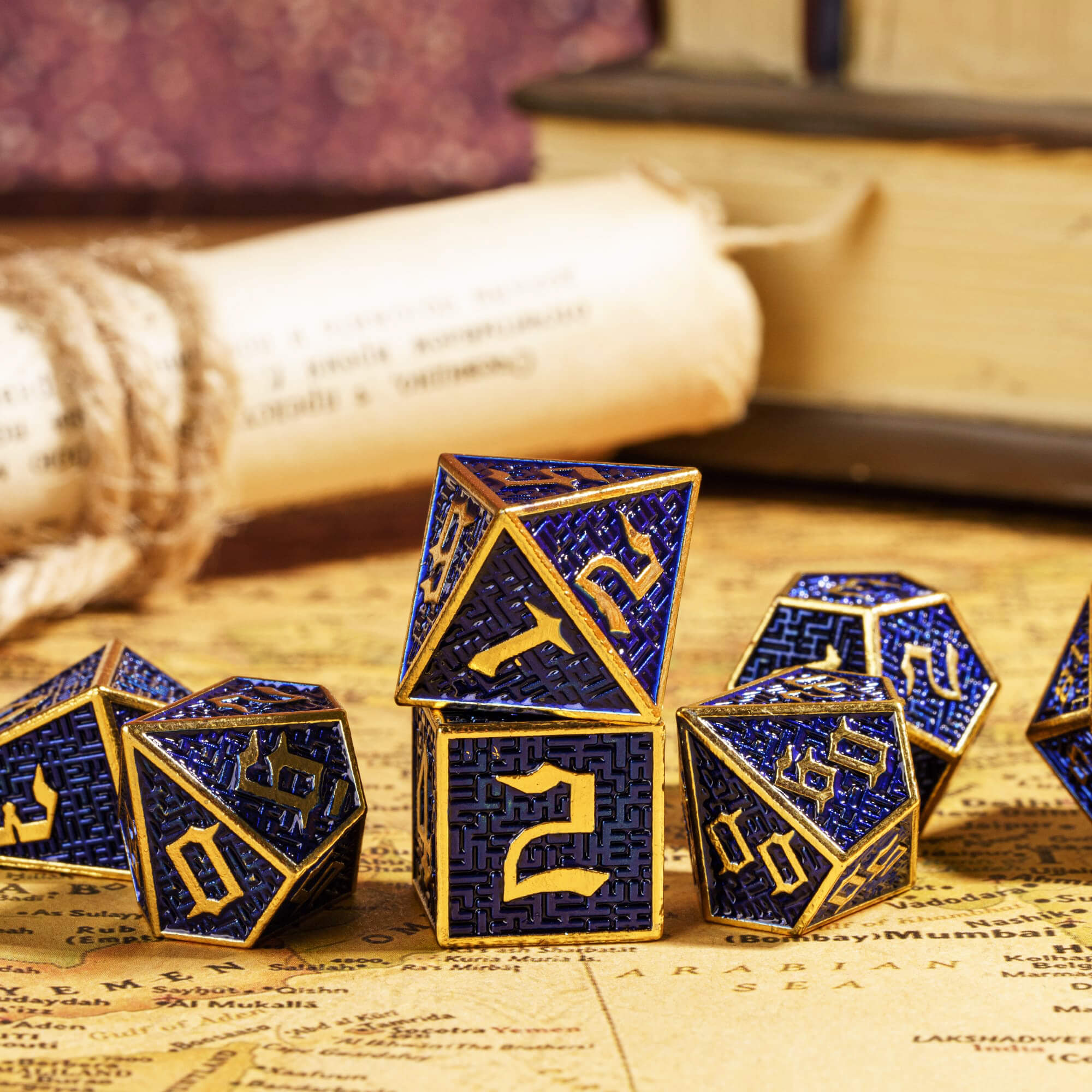 7 Polyhedral Maze Metal Dice Sets D And D Gold Blue - Dice of Dragons