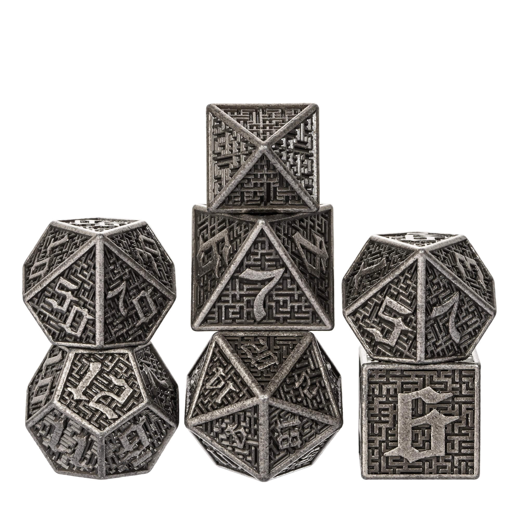 7 Polyhedral Maze Metal Dice Sets DnD Nickel - Dice of Dragons