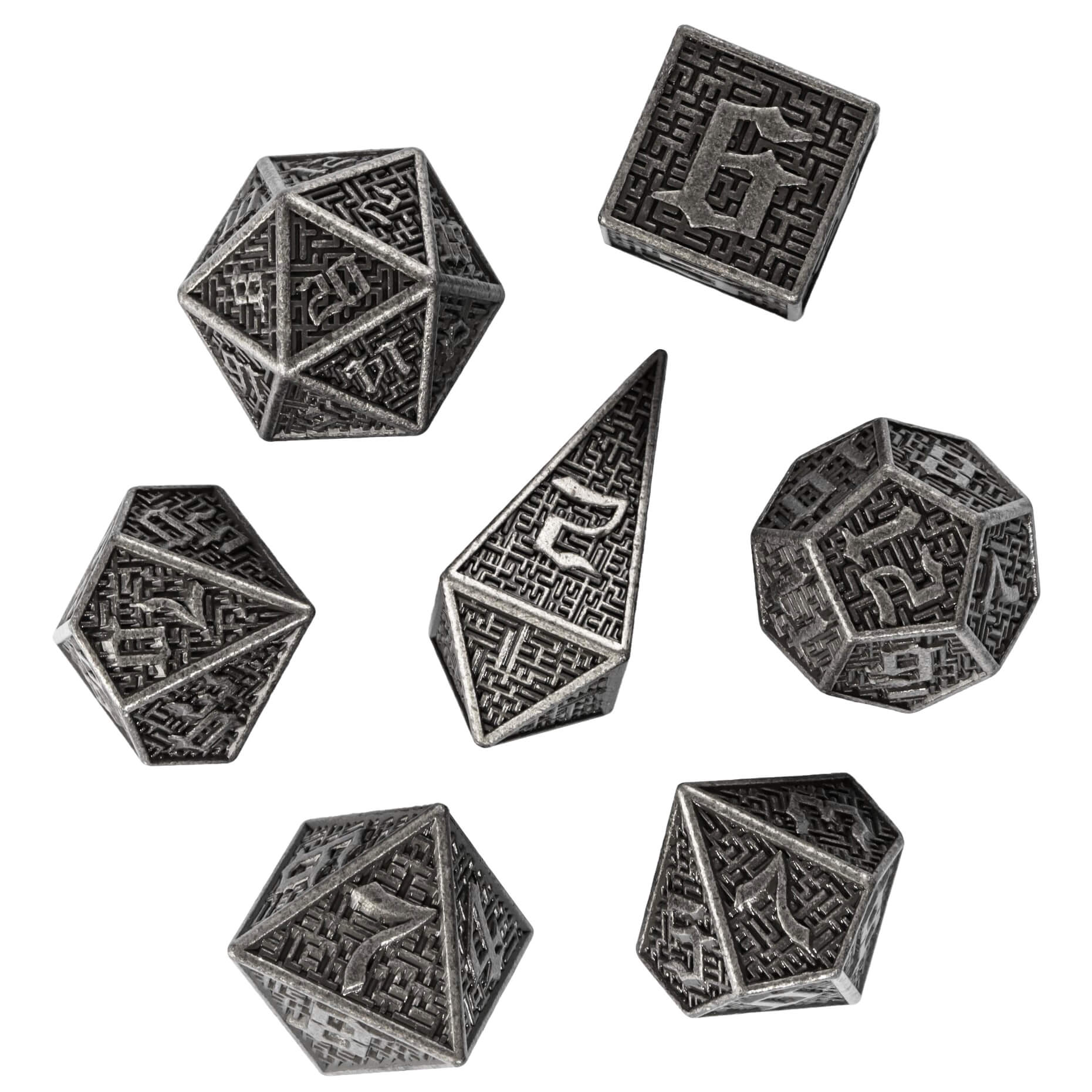 7 Polyhedral Maze Metal Dice Sets DnD Nickel - Dice of Dragons