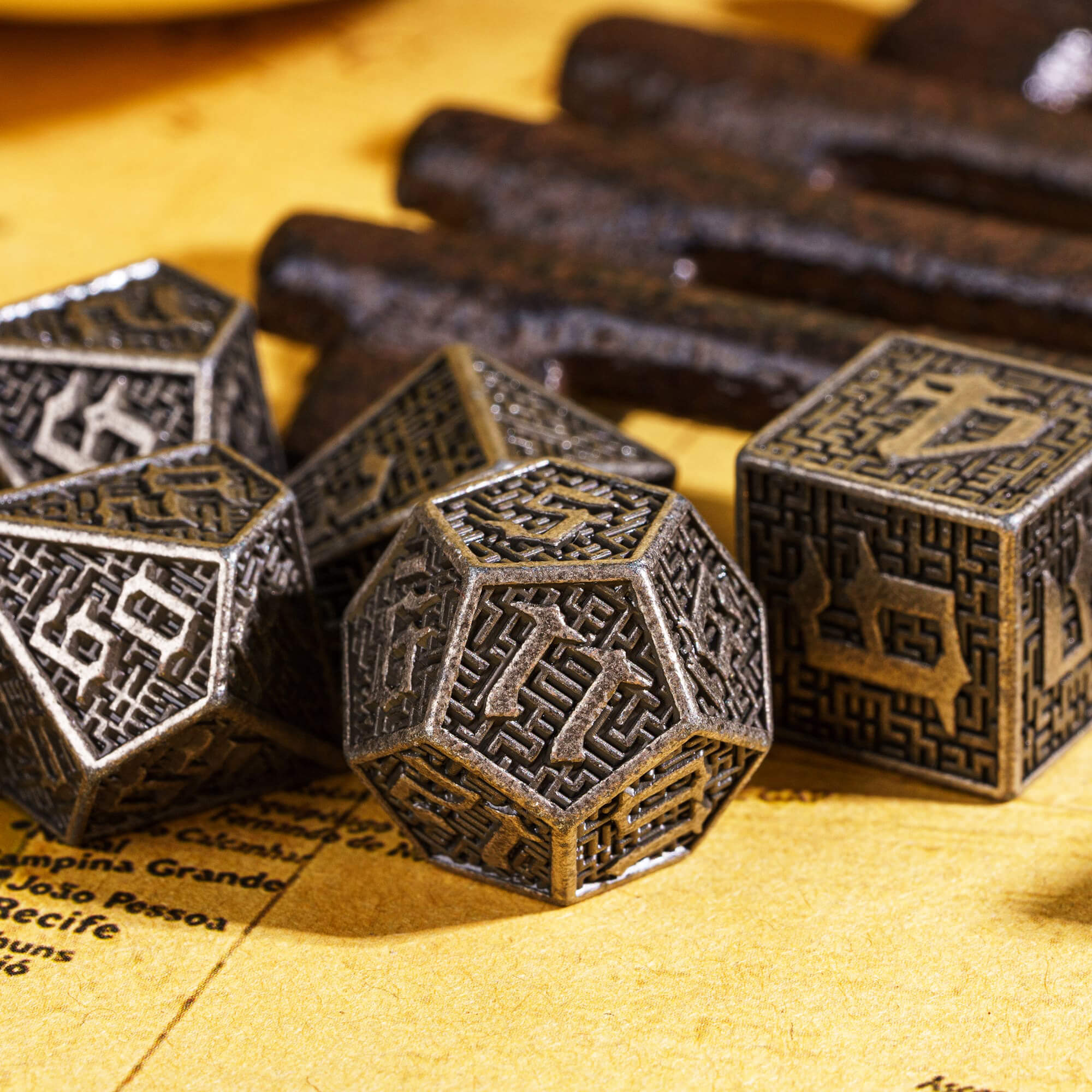 7 Polyhedral Maze Metal Dice Sets DnD Nickel - Dice of Dragons