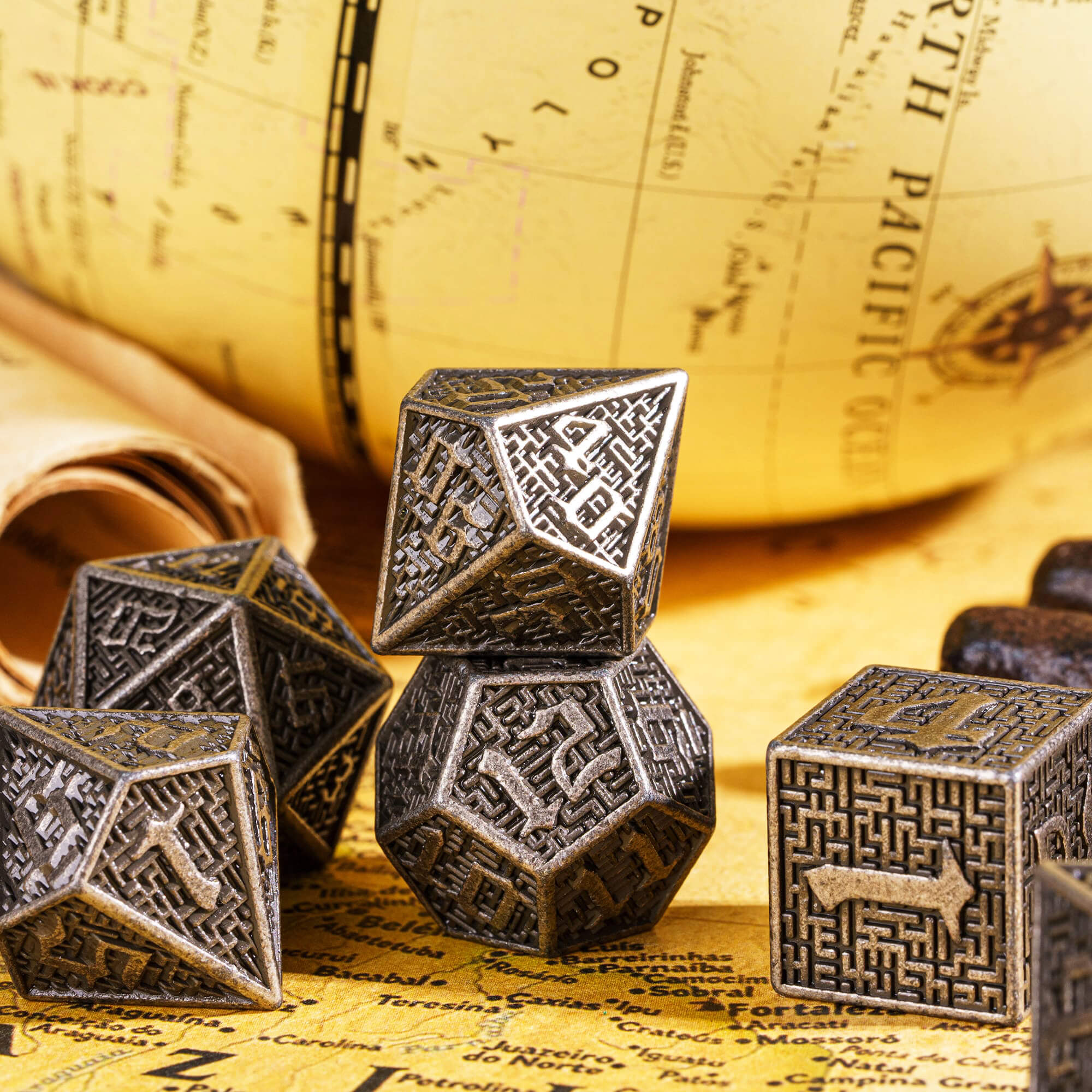 7 Polyhedral Maze Metal Dice Sets DnD Nickel - Dice of Dragons