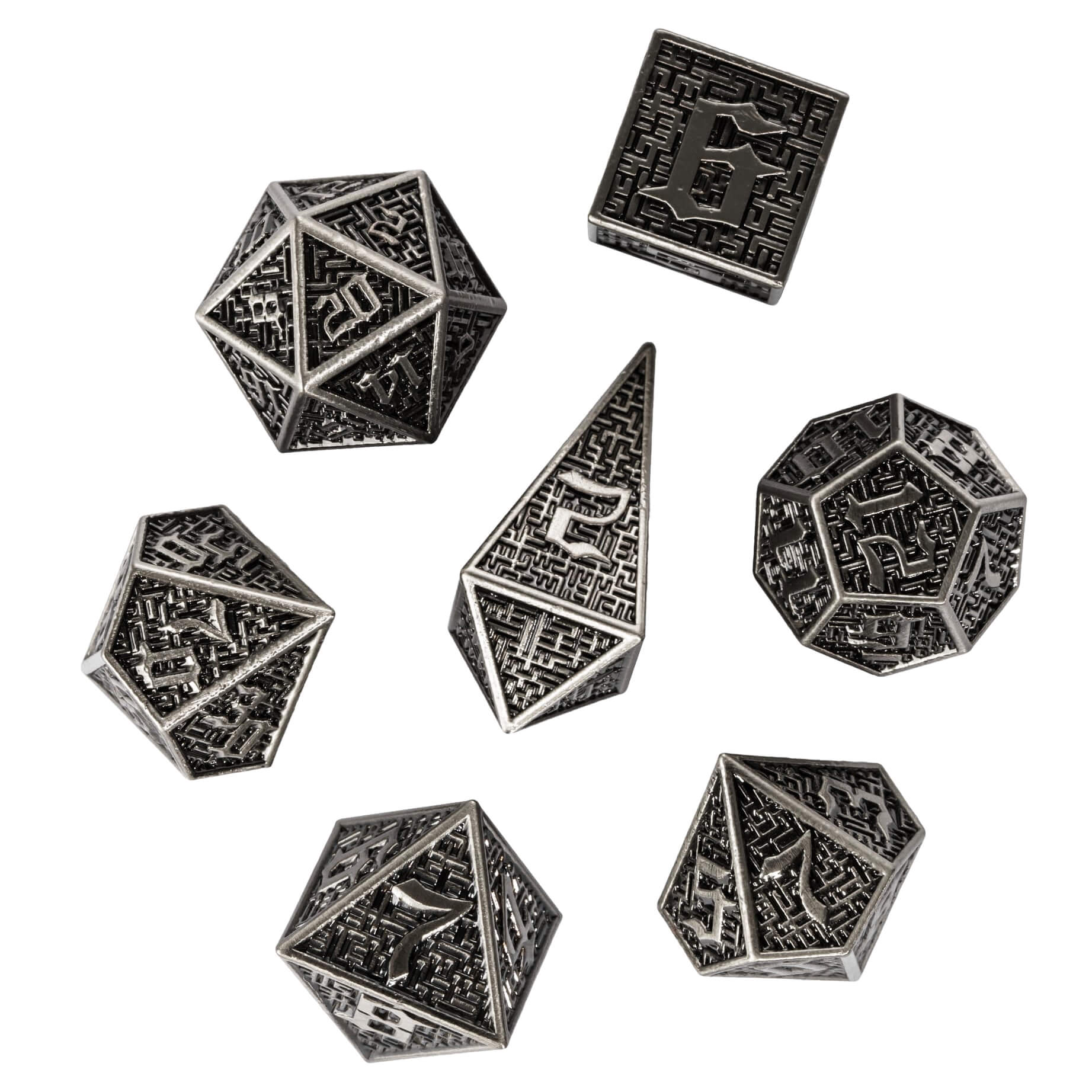 7 Polyhedral Maze Metal D&D Dice Set Nickel - Dice of Dragons