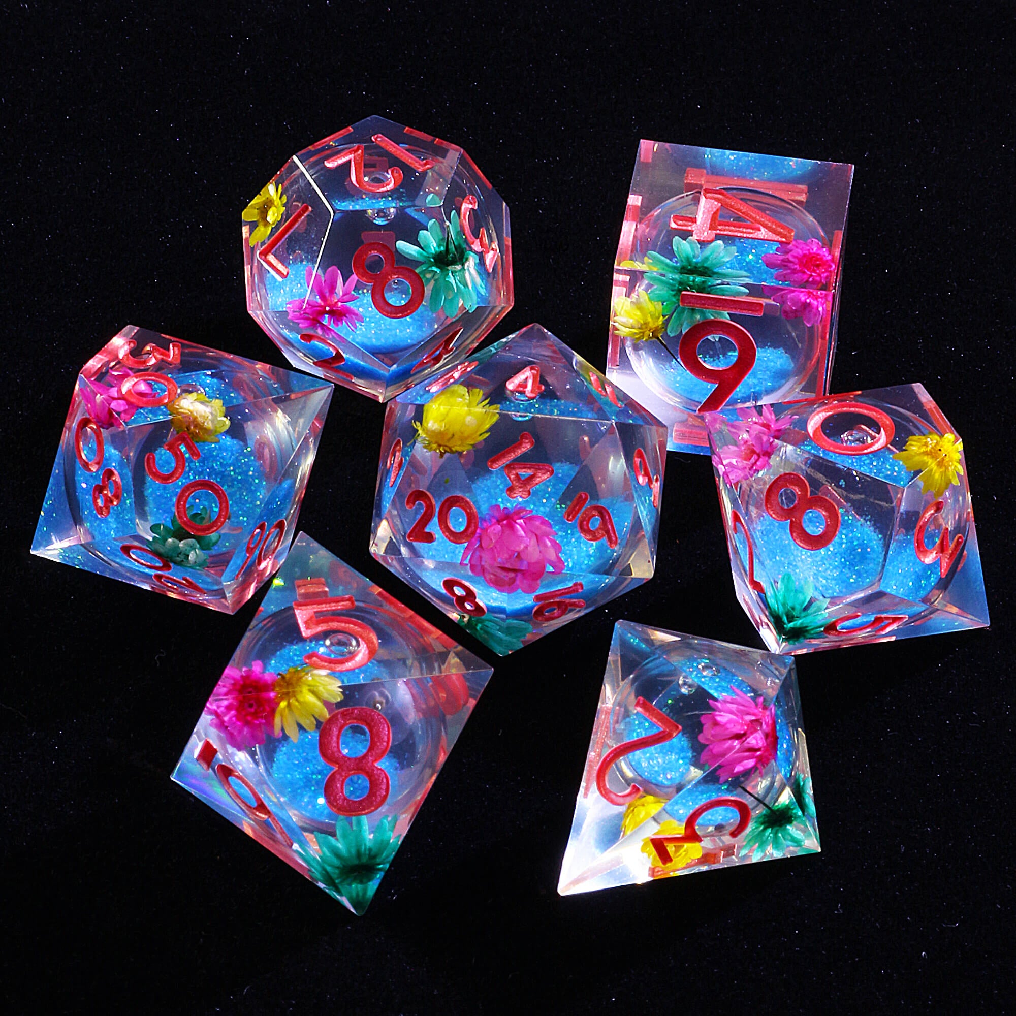 7 Polyhedral Resin Blue Liquid Core D&D Dice Set Flower - Dice of Dragons