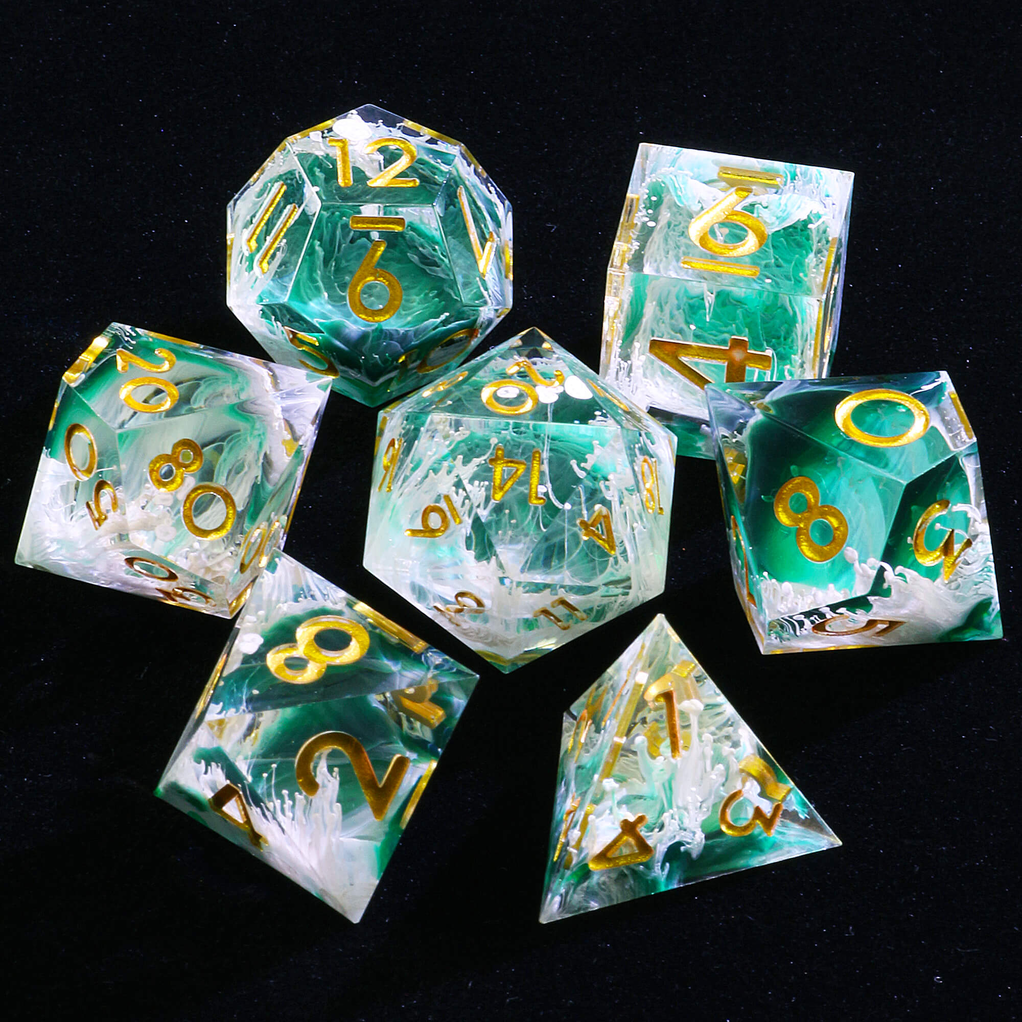 7 Polyhedral Resin D and D Set of Dice Wave Green - Dice of Dragons