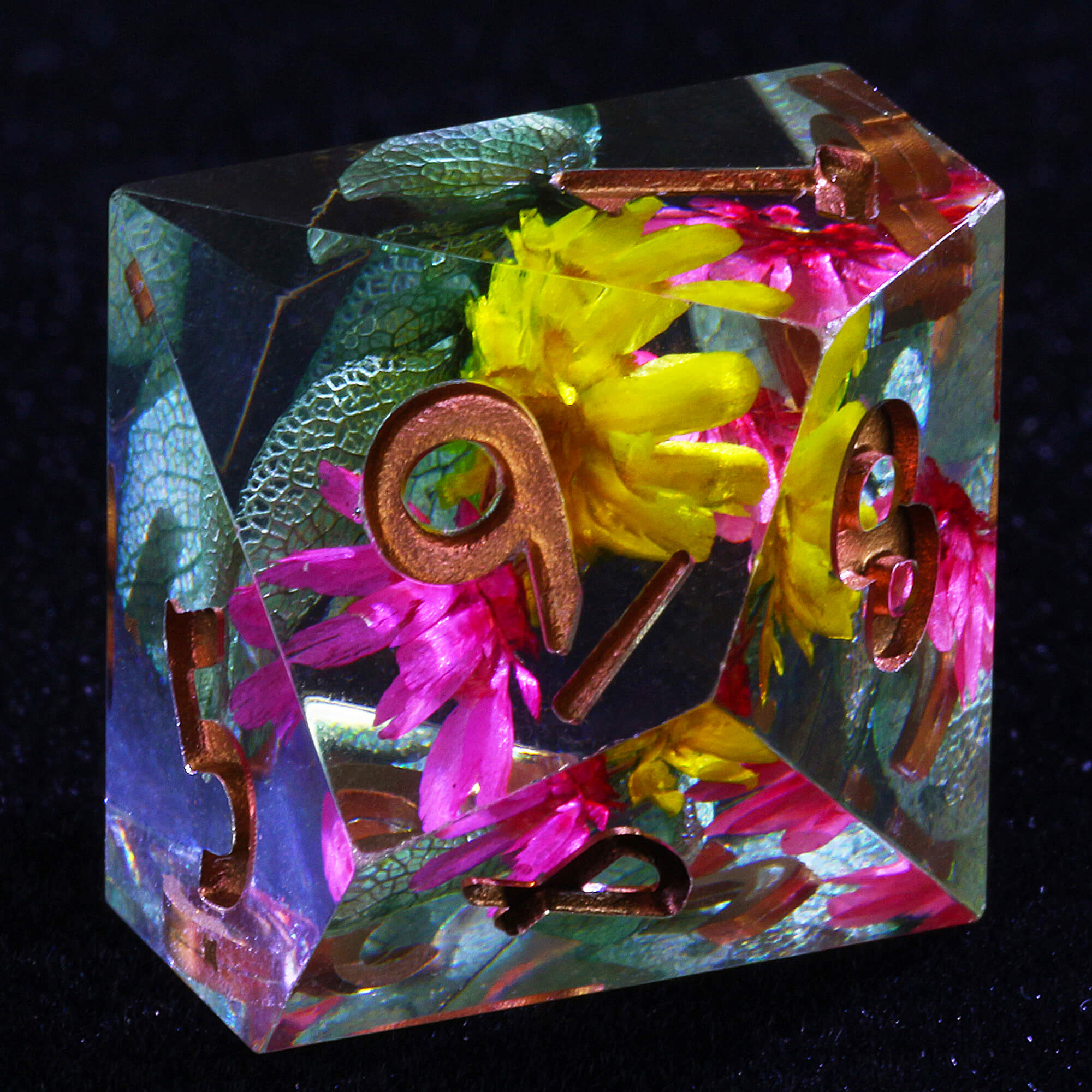 7 Polyhedral Resin Set of Dice D&D Pink Yellow Flower - Dice of Dragons