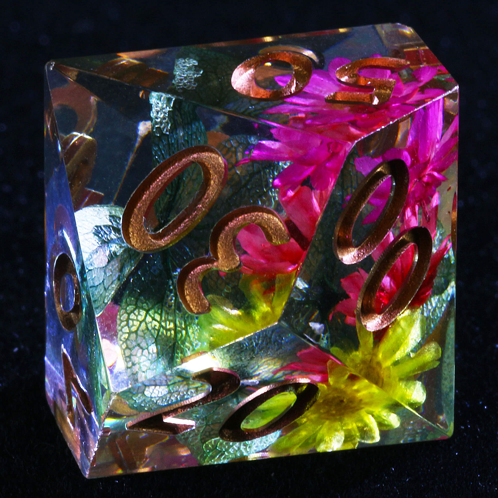 7 Polyhedral Resin Set of Dice D&D Pink Yellow Flower - Dice of Dragons