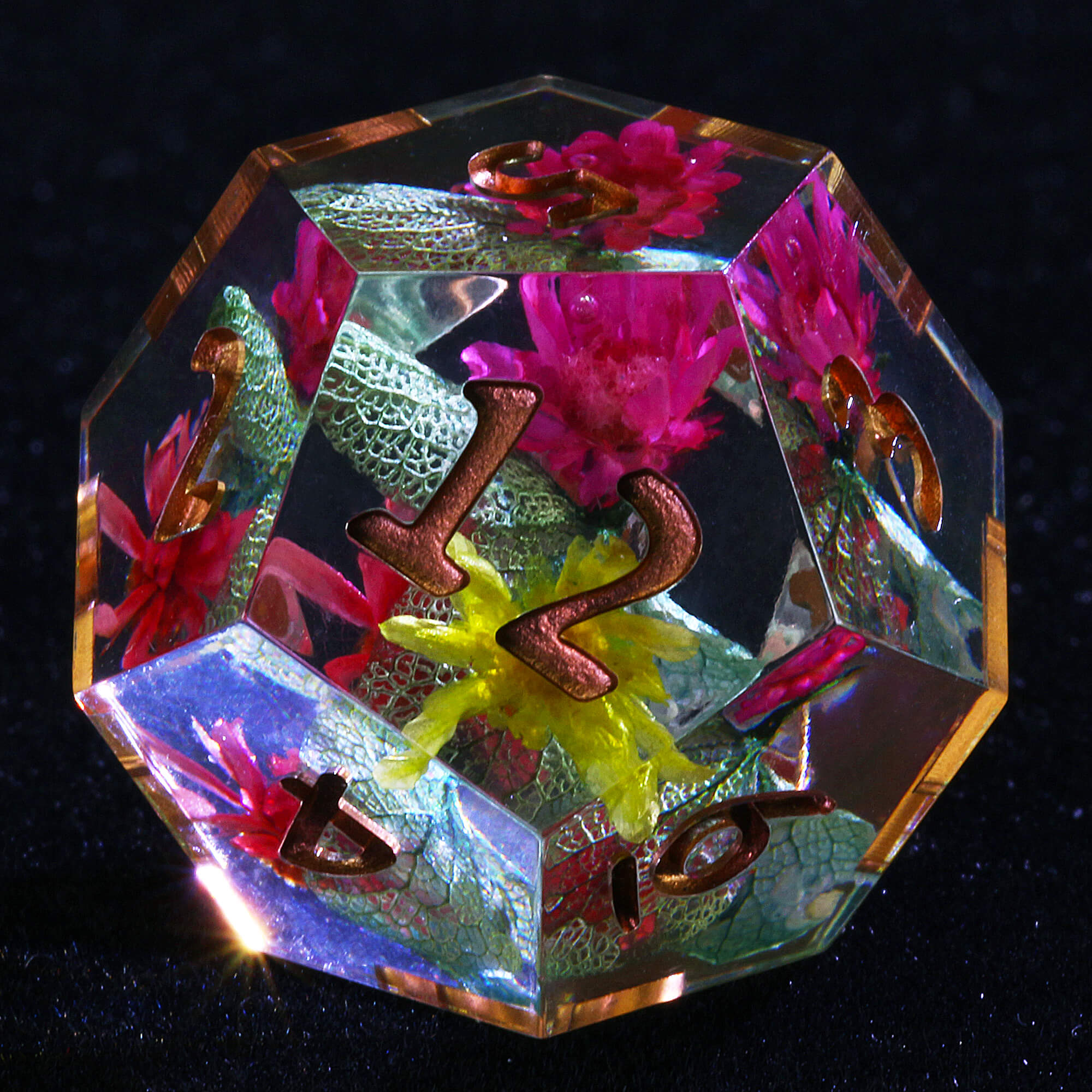 7 Polyhedral Resin Set of Dice D&D Pink Yellow Flower - Dice of Dragons