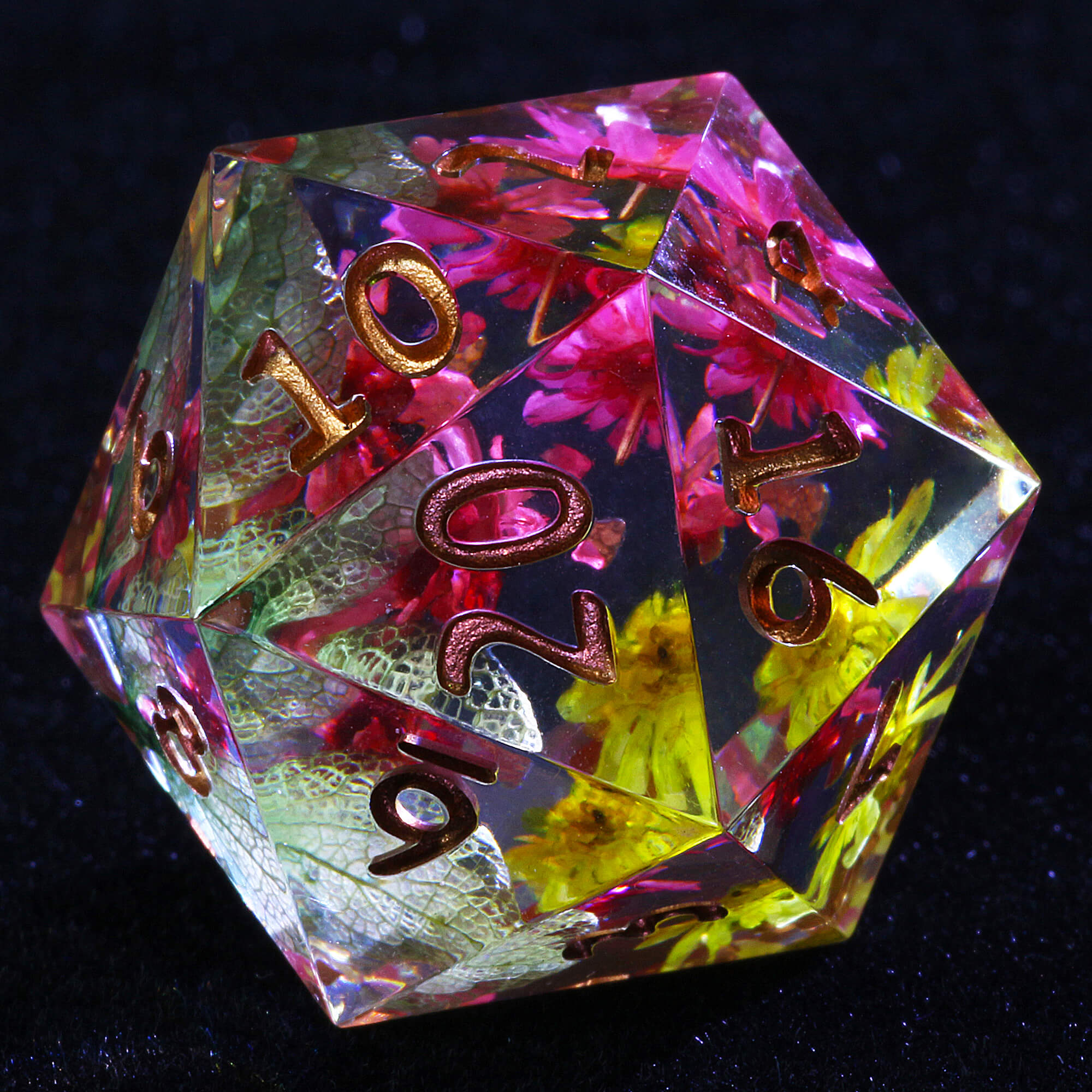 7 Polyhedral Resin Set of Dice D&D Pink Yellow Flower - Dice of Dragons