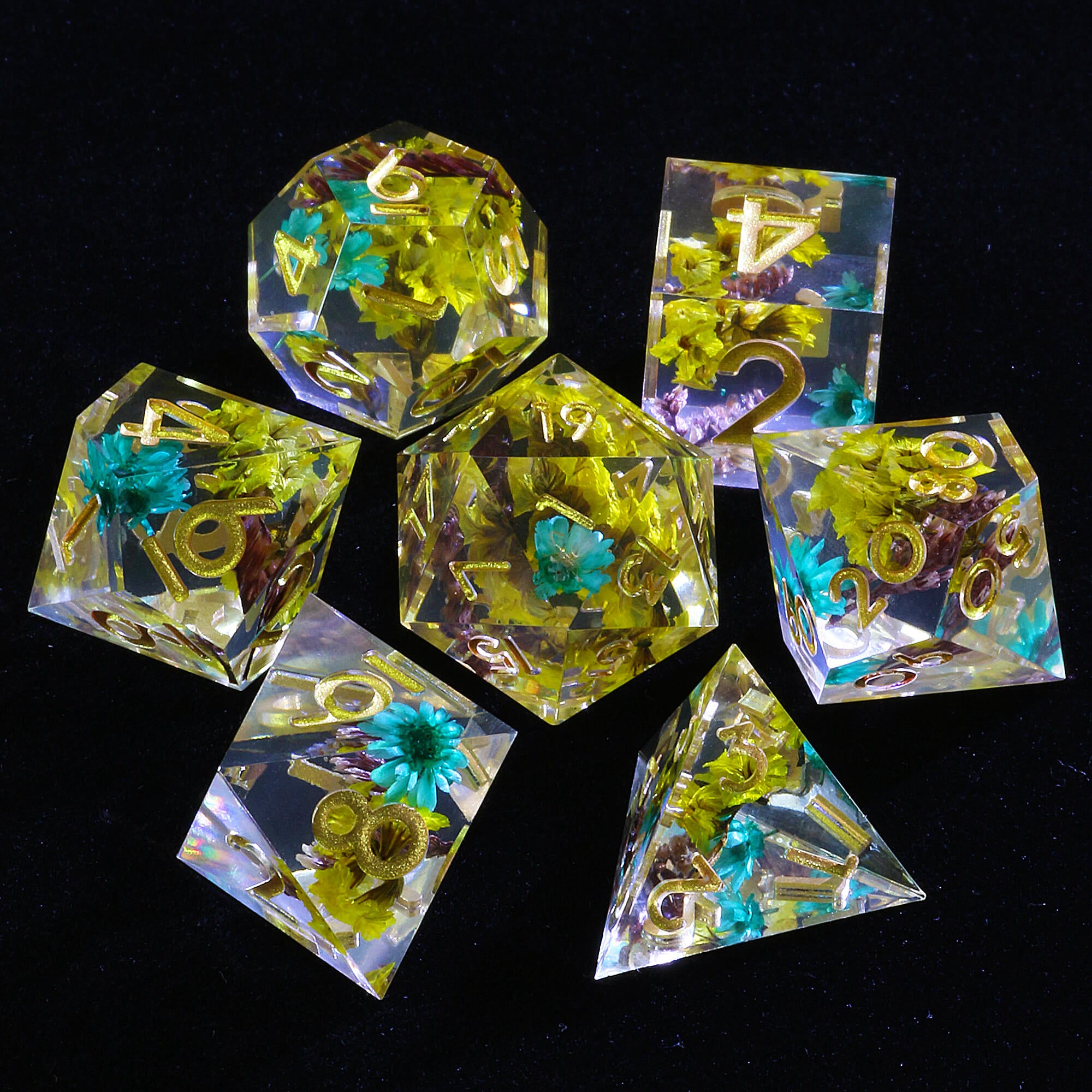 7 Polyhedral Resin Dice Sets DD Yellow Flower - Dice of Dragons