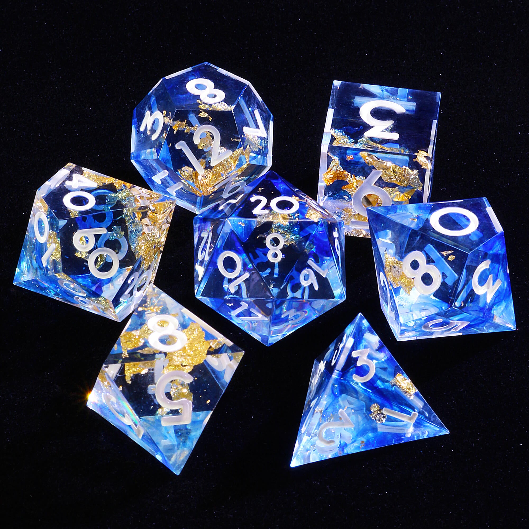 7 Polyhedral Resin Dice Sets DnD Gold Paper Blue - Dice of Dragons