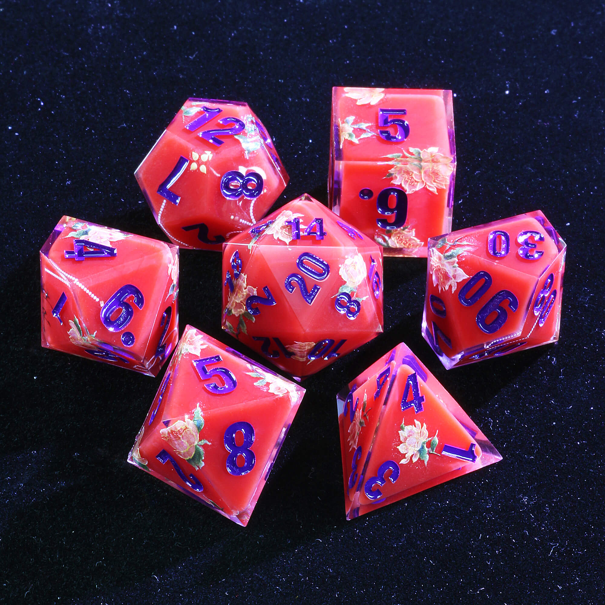 7 Polyhedral Resin Die Dice Sets DD Flower Red - Dice of Dragons