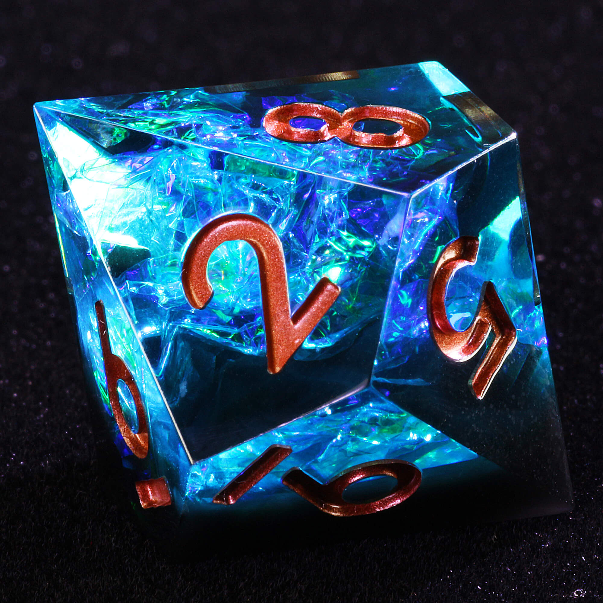 7 Polyhedral Resin DnD Set of Dice Glitter Paper Blue - Dice of Dragons