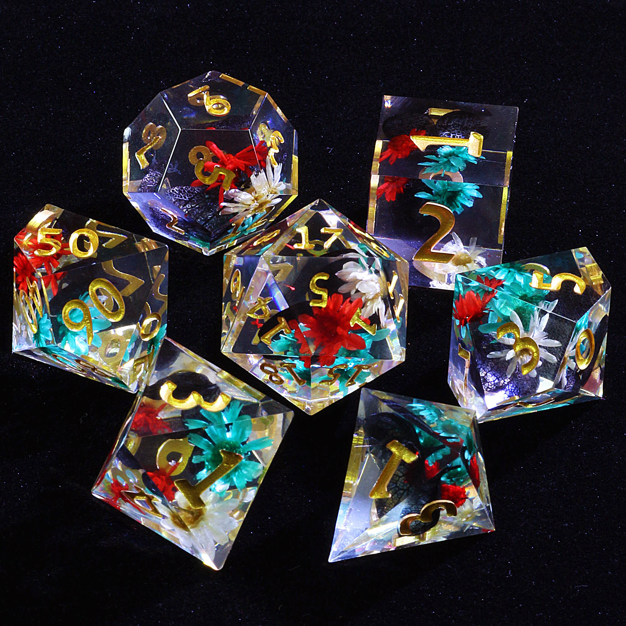 7 Polyhedral Resin DnD Dice Sets Flower - Dice of Dragons