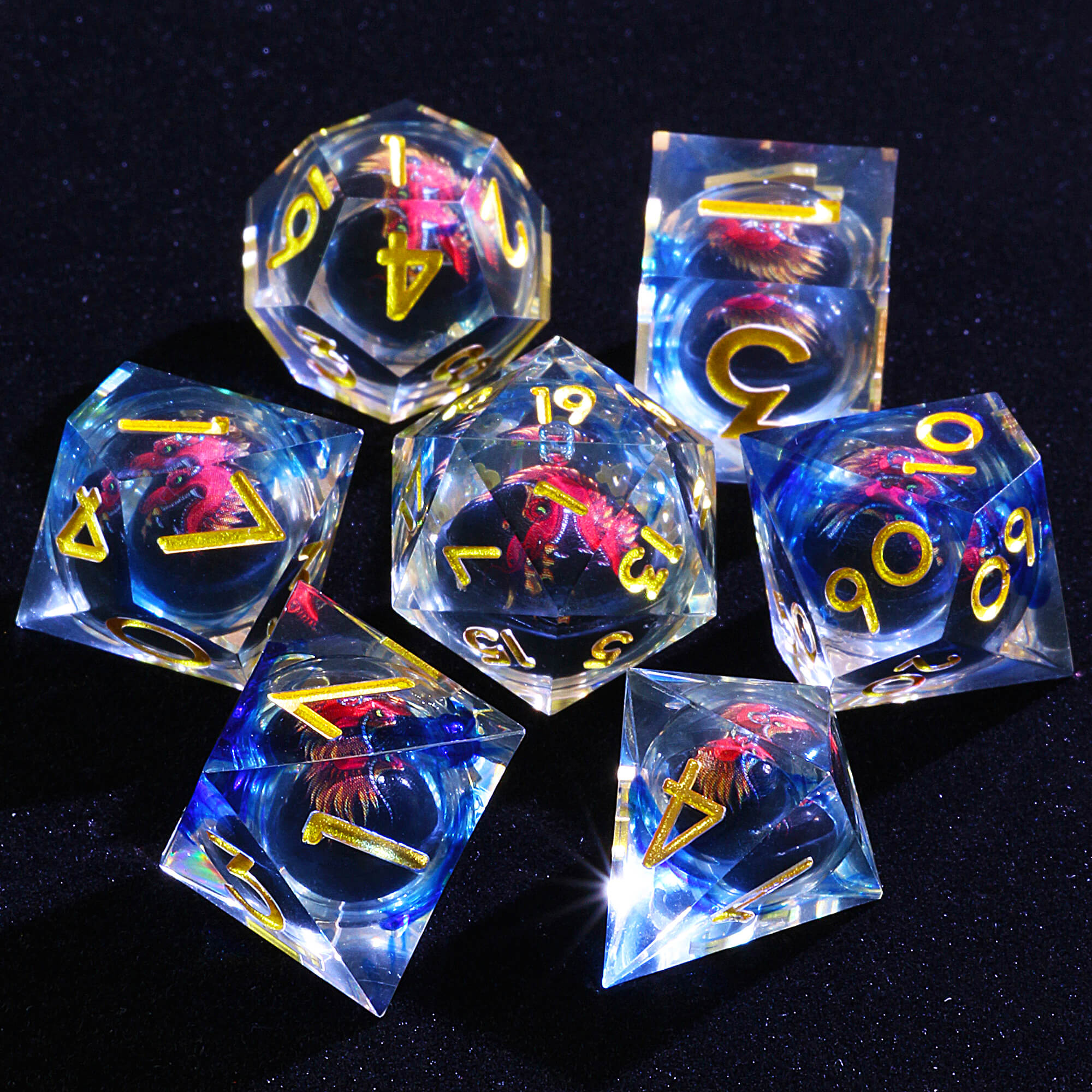 7 Polyhedral Resin Dragon Liquid Core Set Dice DnD - Dice of Dragons