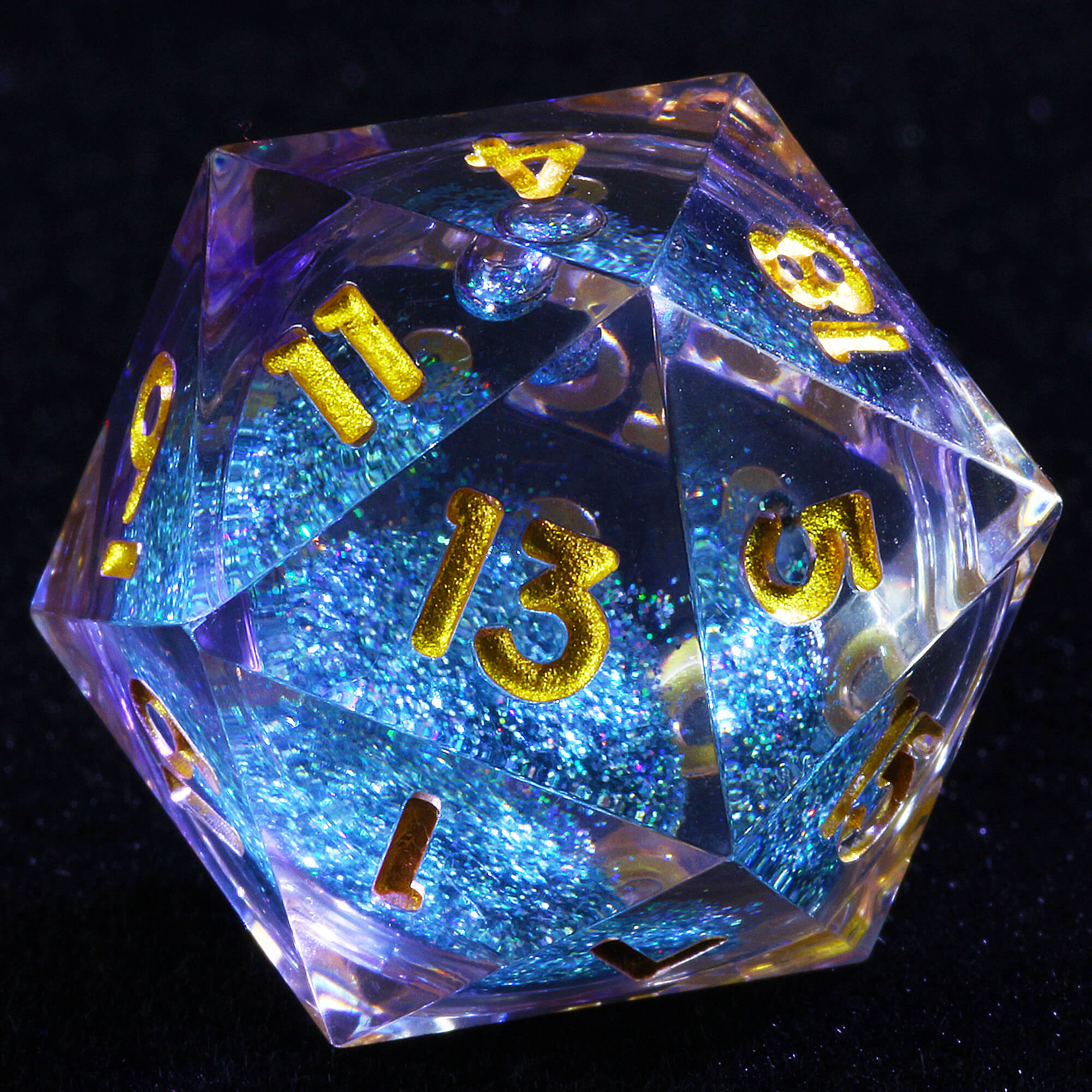 7 Polyhedral Resin Glitter Liquid Core D and D Set Dice Purple - Dice of Dragons