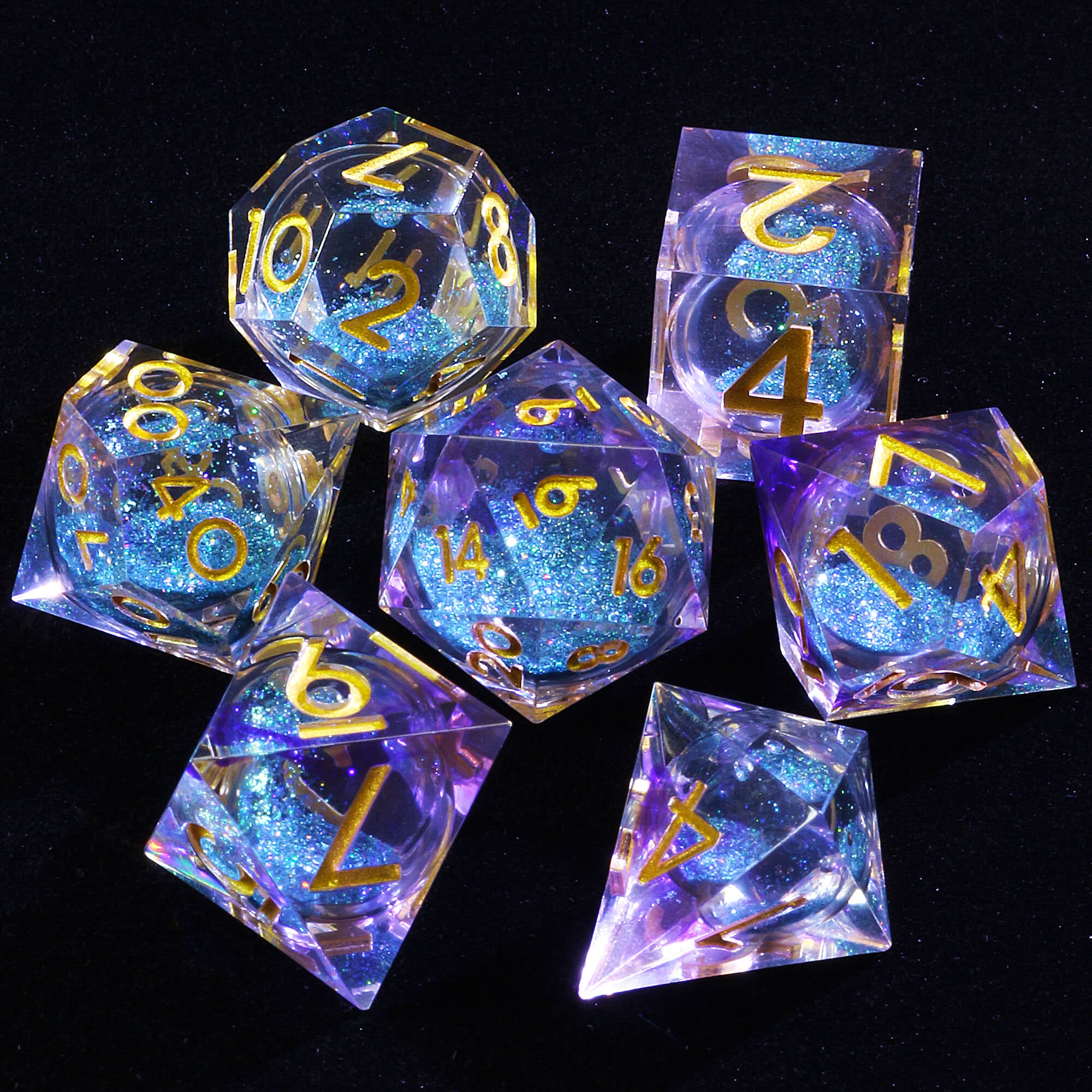 7 Polyhedral Resin Glitter Liquid Core D and D Set Dice Purple - Dice of Dragons