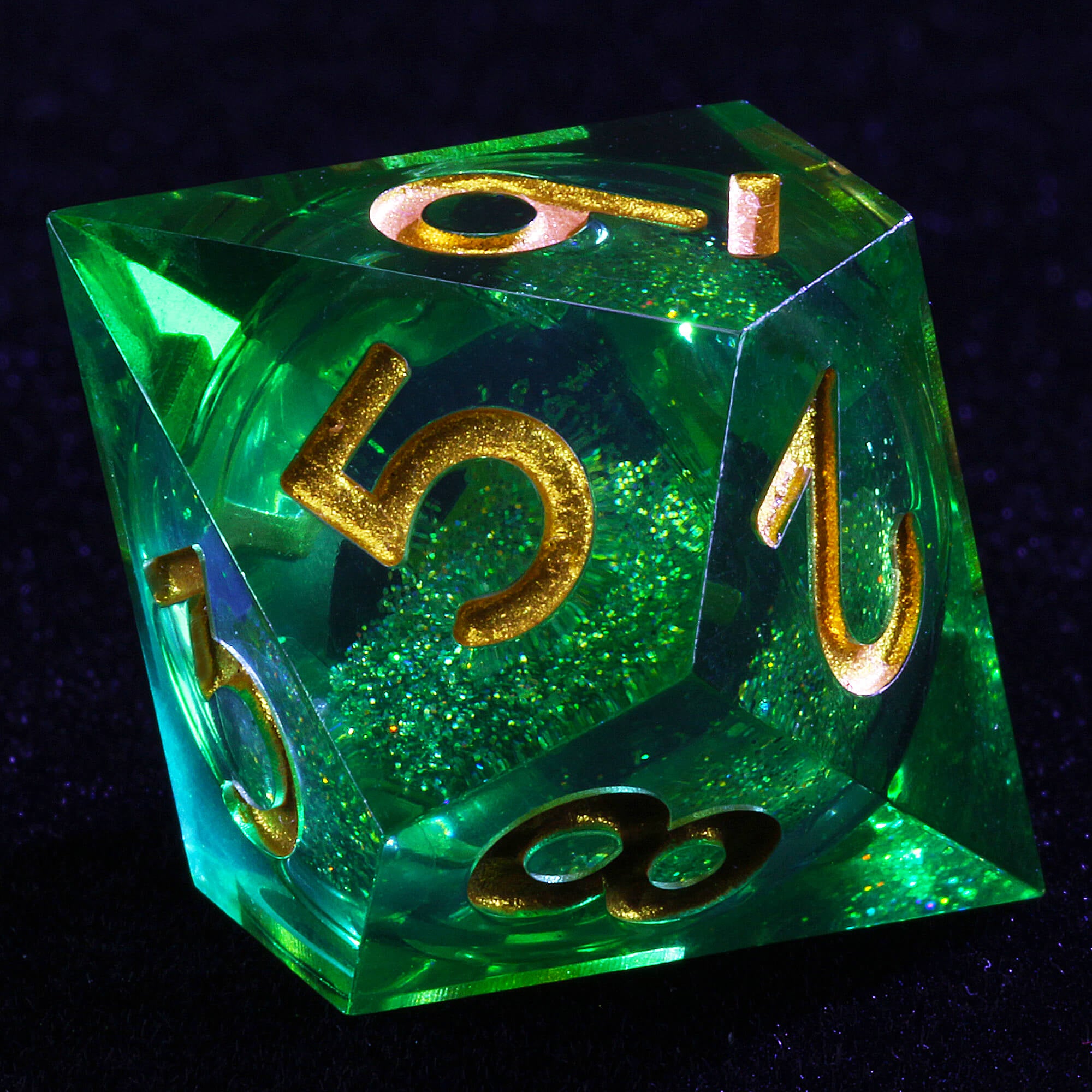 7 Polyhedral Resin Glitter Liquid Core D&D Set Dice Green - Dice of Dragons