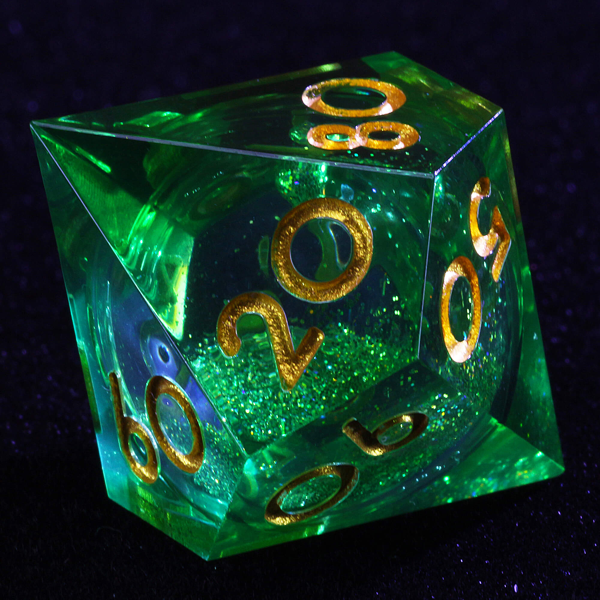 7 Polyhedral Resin Glitter Liquid Core D&D Set Dice Green - Dice of Dragons