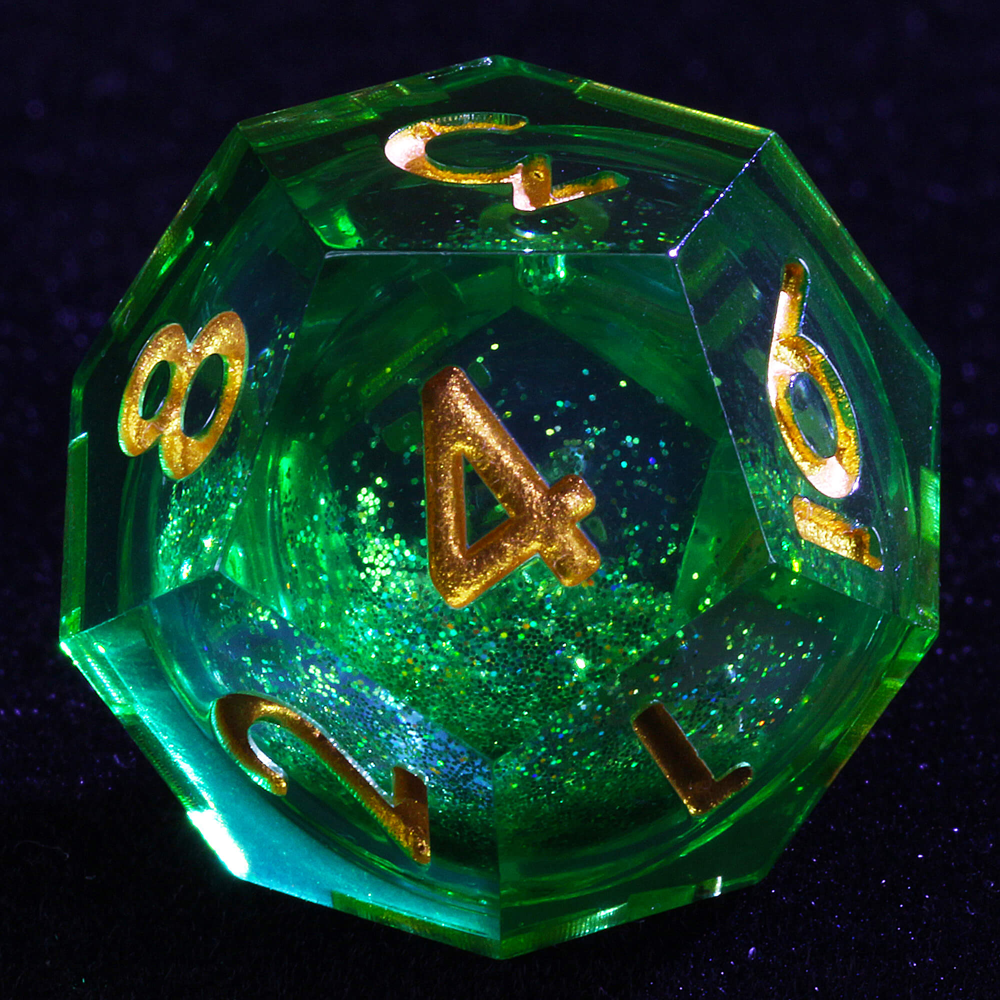 7 Polyhedral Resin Glitter Liquid Core D&D Set Dice Green - Dice of Dragons