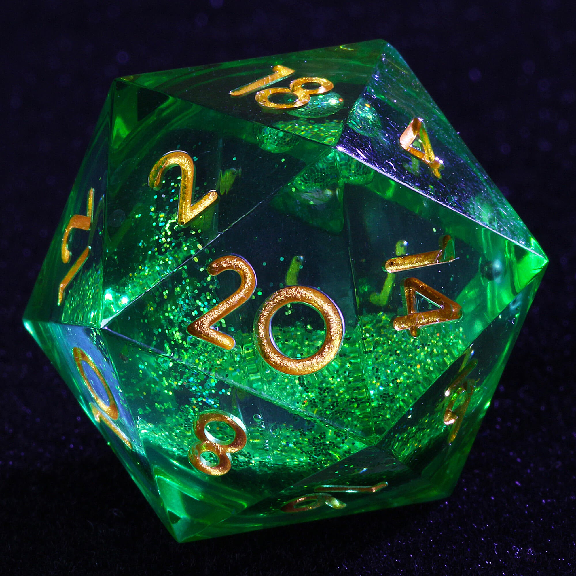 7 Polyhedral Resin Glitter Liquid Core D&D Set Dice Green - Dice of Dragons