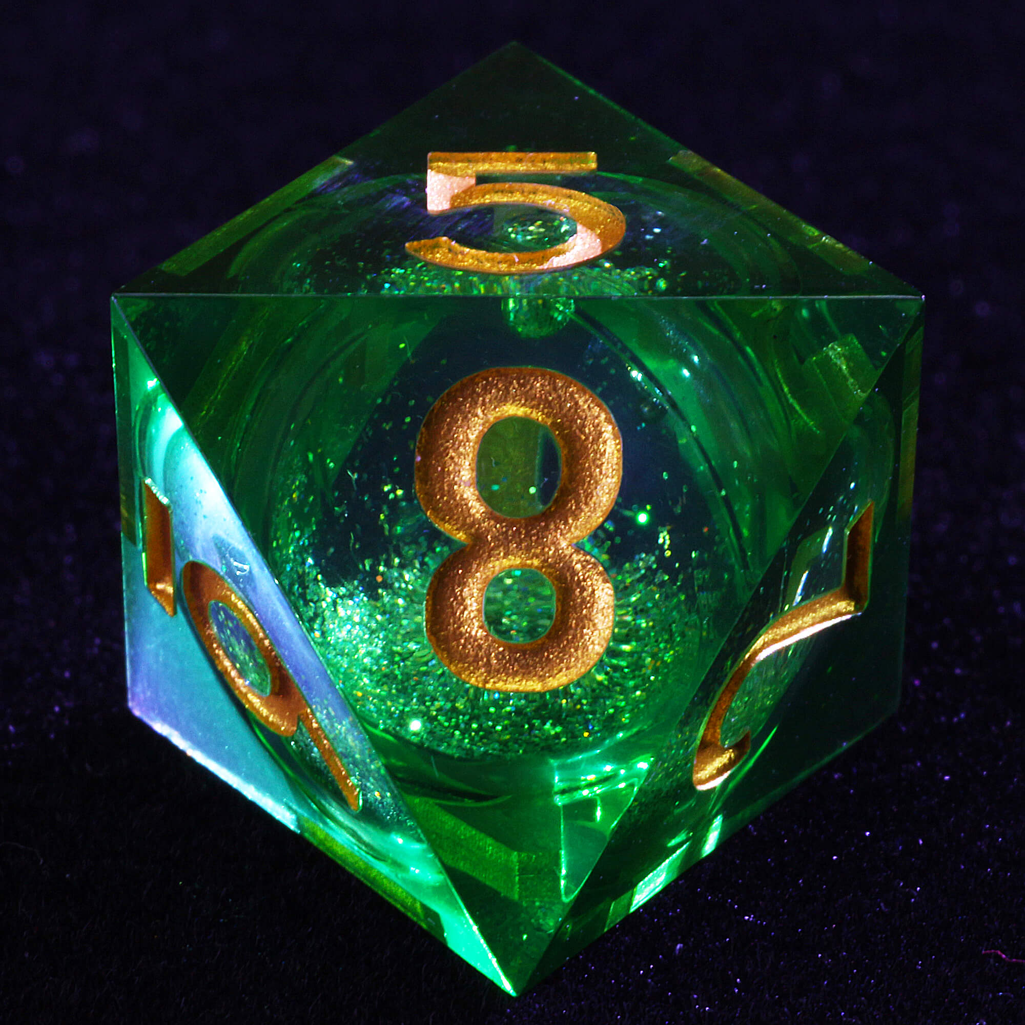 7 Polyhedral Resin Glitter Liquid Core D&D Set Dice Green - Dice of Dragons