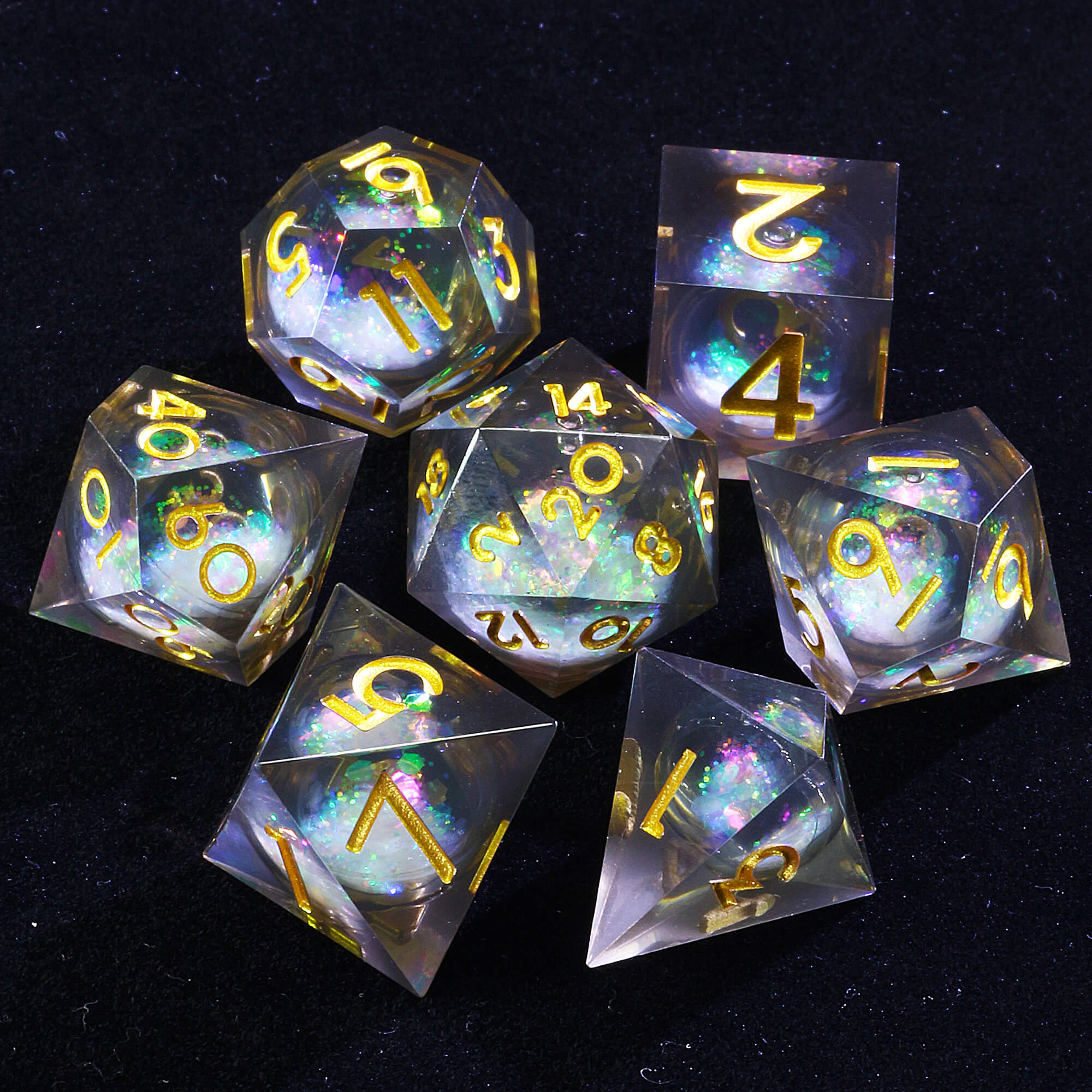 7 Polyhedral Resin Glitter Liquid Core DnD Set Dice Brown - Dice of Dragons