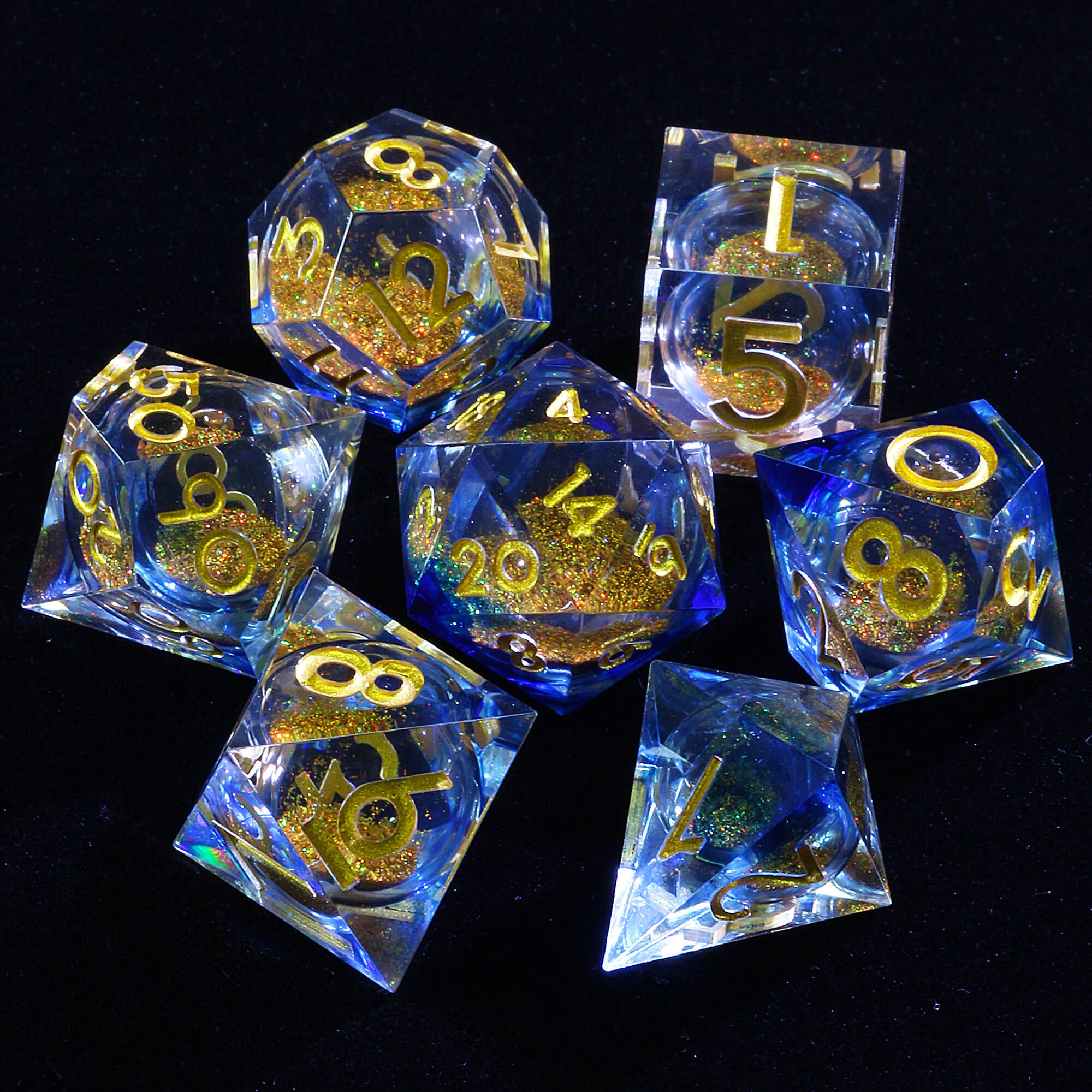 7 Polyhedral Resin Gold Liquid Core D and D Dice Set Blue - Dice of Dragons