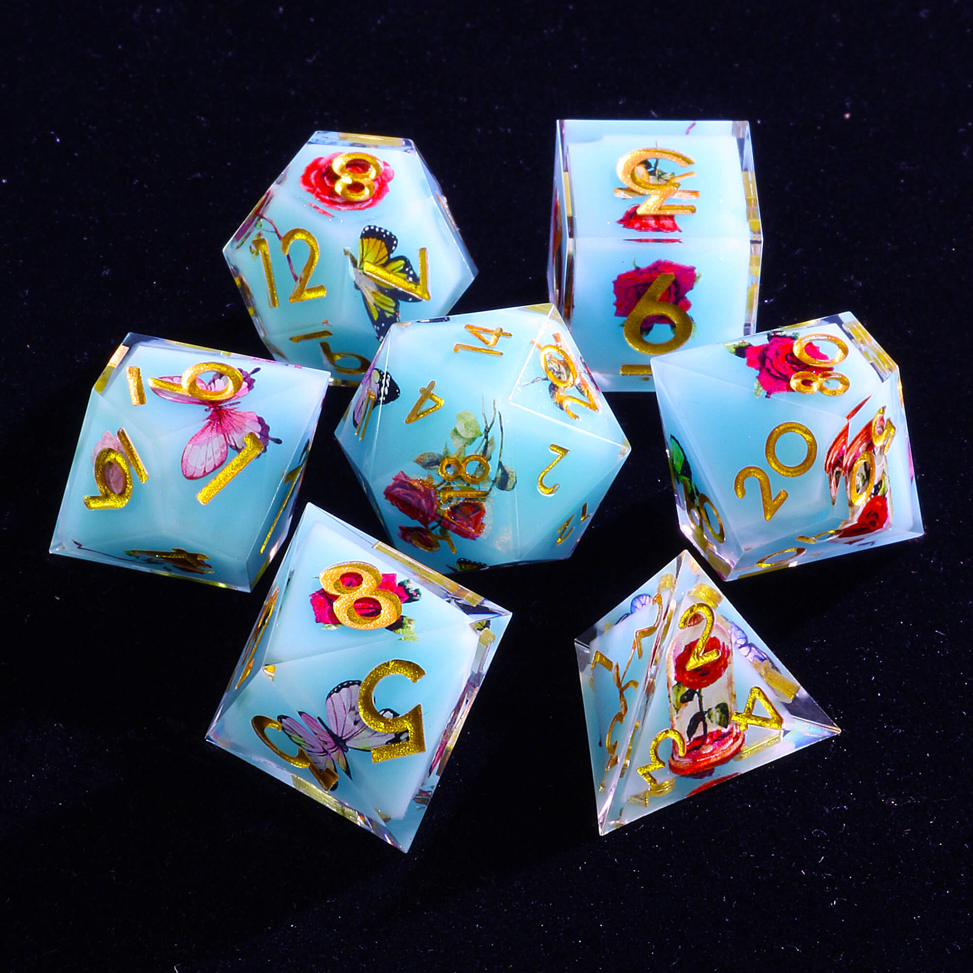 7 Polyhedral Resin Layered Dice Sets DD Flower Butterfly - Dice of Dragons