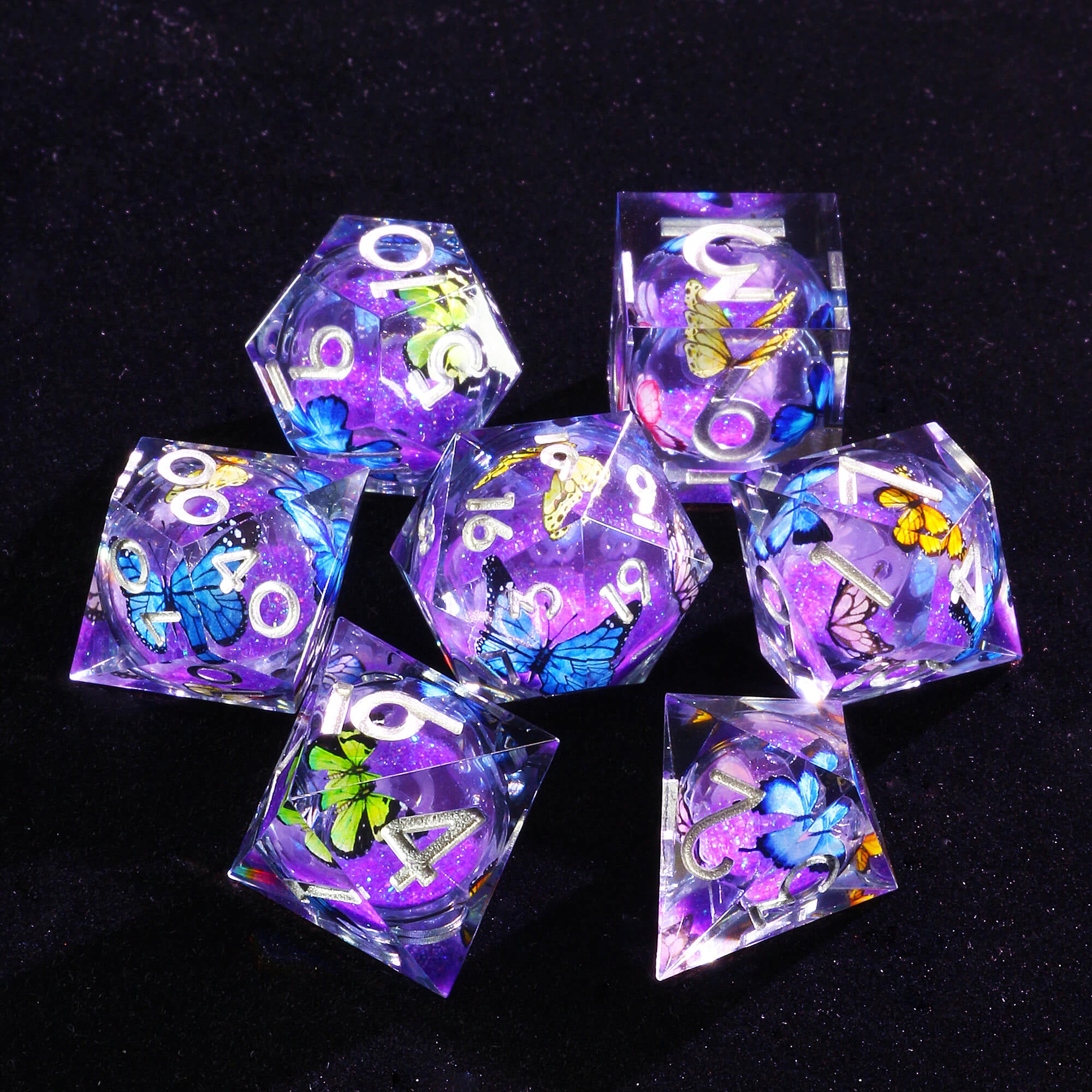 7 Polyhedral Resin Liquid Core D and D Dice Sets Butterfly - Dice of Dragons