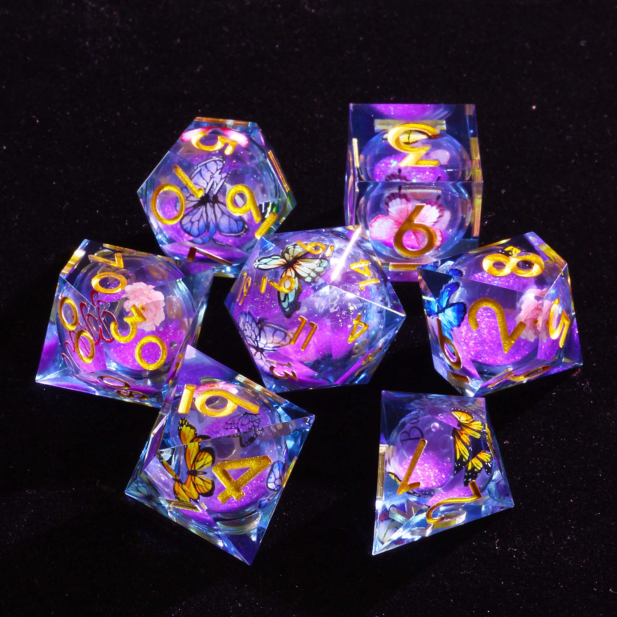 7 Polyhedral Resin Liquid Core D and D Set of Dice Butterfly - Dice of Dragons