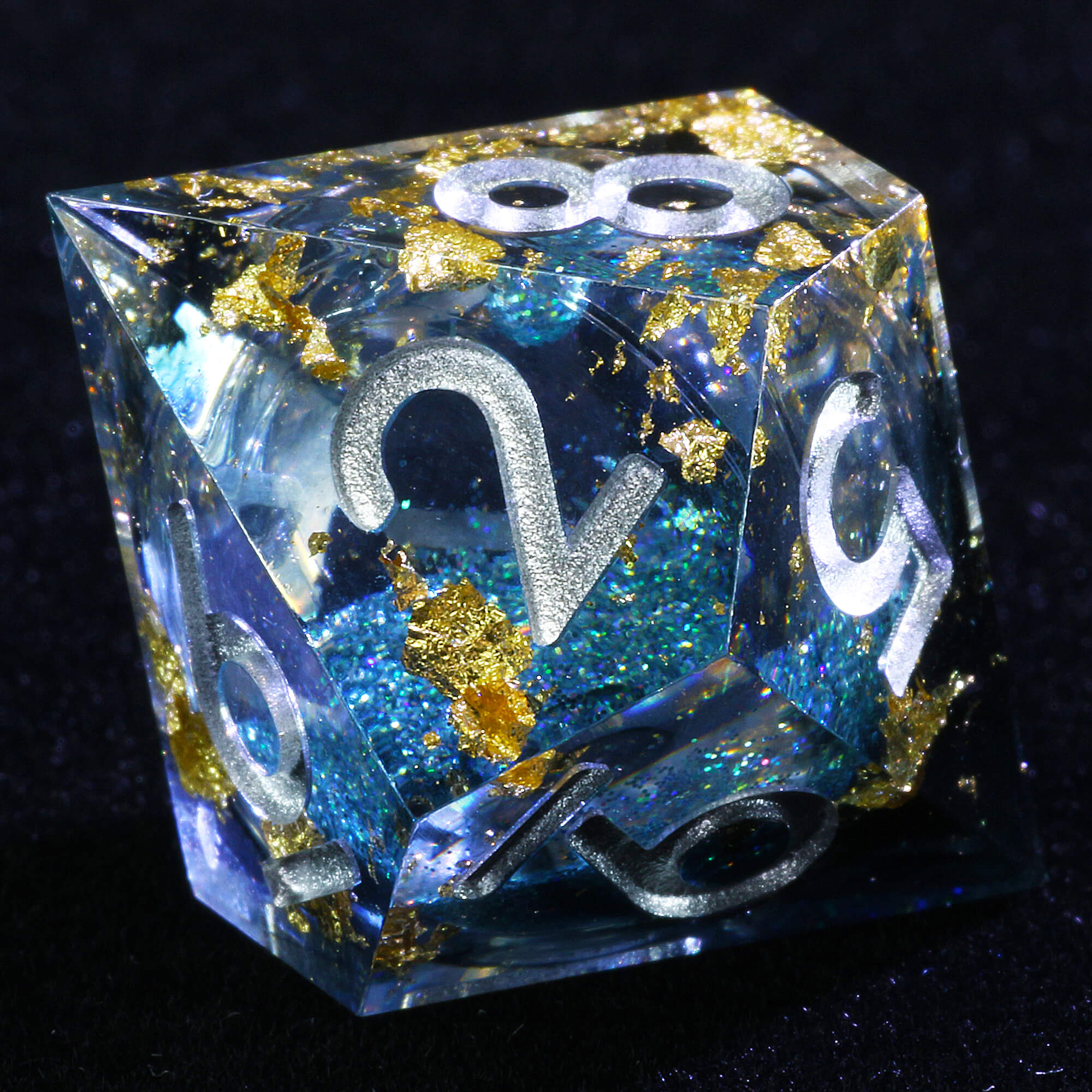 7 Polyhedral Resin Liquid Core Set of Dice DD Gold Paper Blue - Dice of Dragons