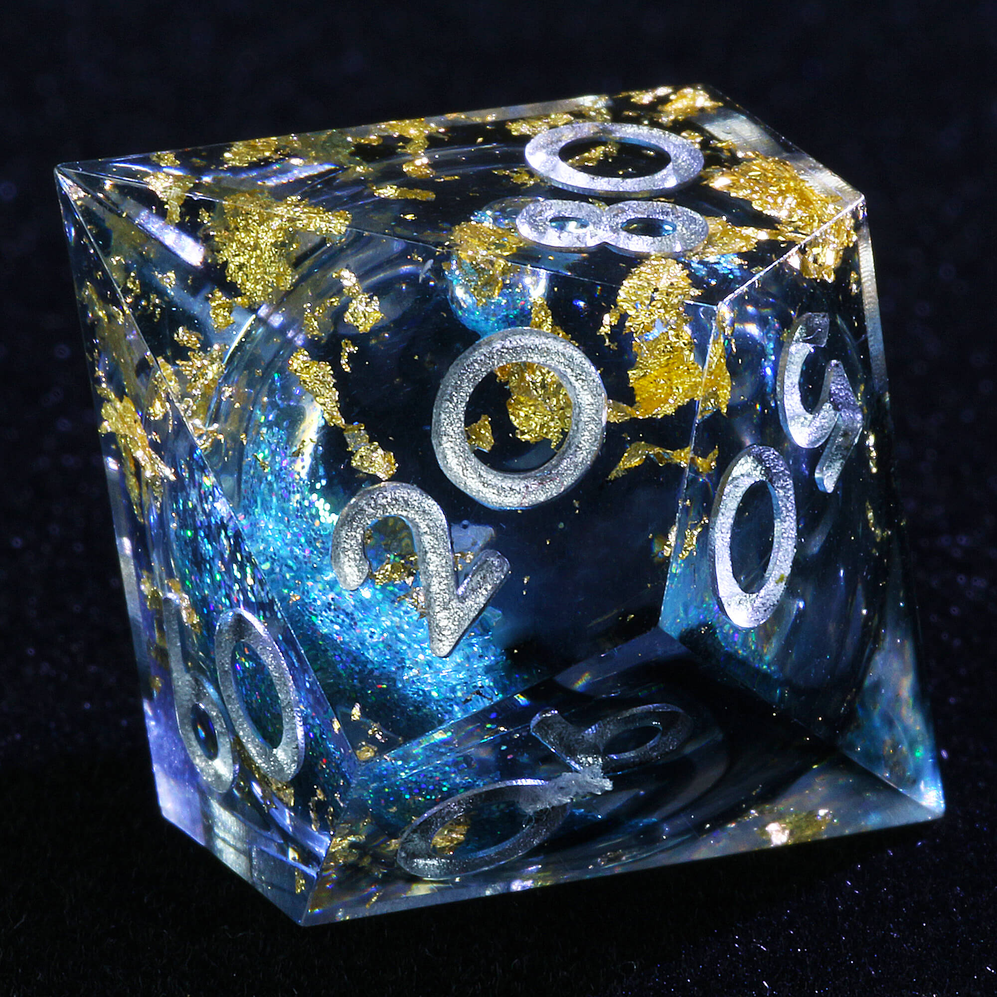 7 Polyhedral Resin Liquid Core Set of Dice DD Gold Paper Blue - Dice of Dragons