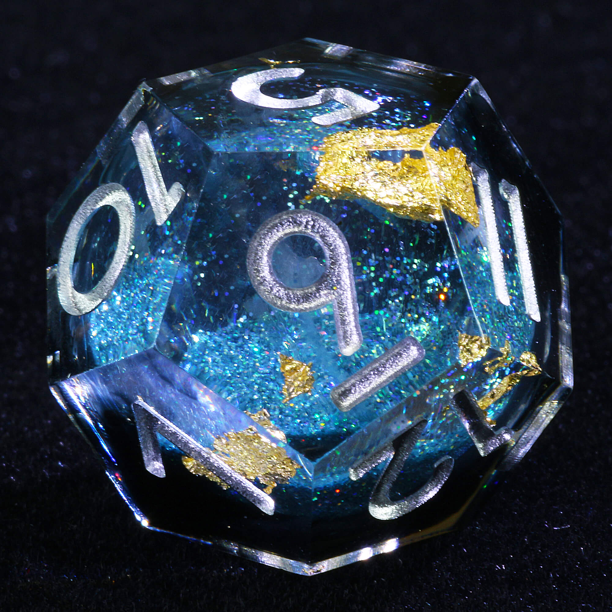 7 Polyhedral Resin Liquid Core Set of Dice DD Gold Paper Blue - Dice of Dragons