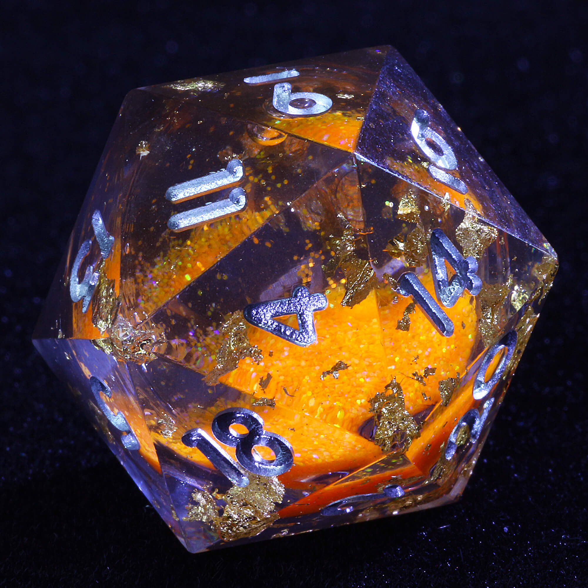 7 Polyhedral Resin Liquid Core Dice Set DD Gold Paper Orange - Dice of Dragons