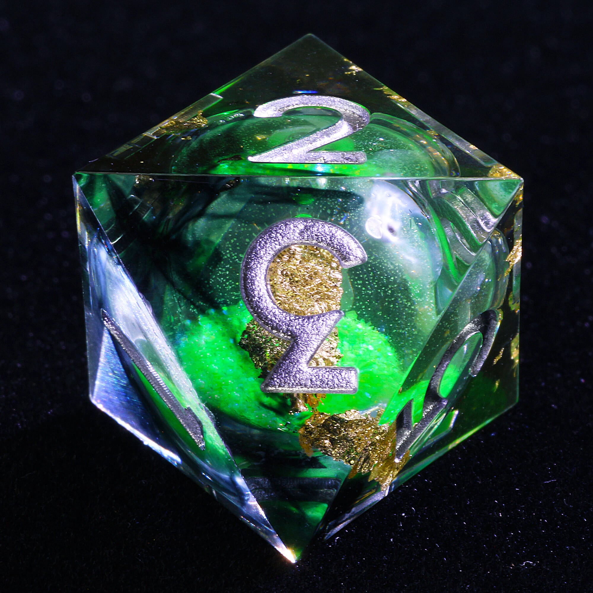 7 Polyhedral Resin Liquid Core Dice Set DnD Green - Dice of Dragons