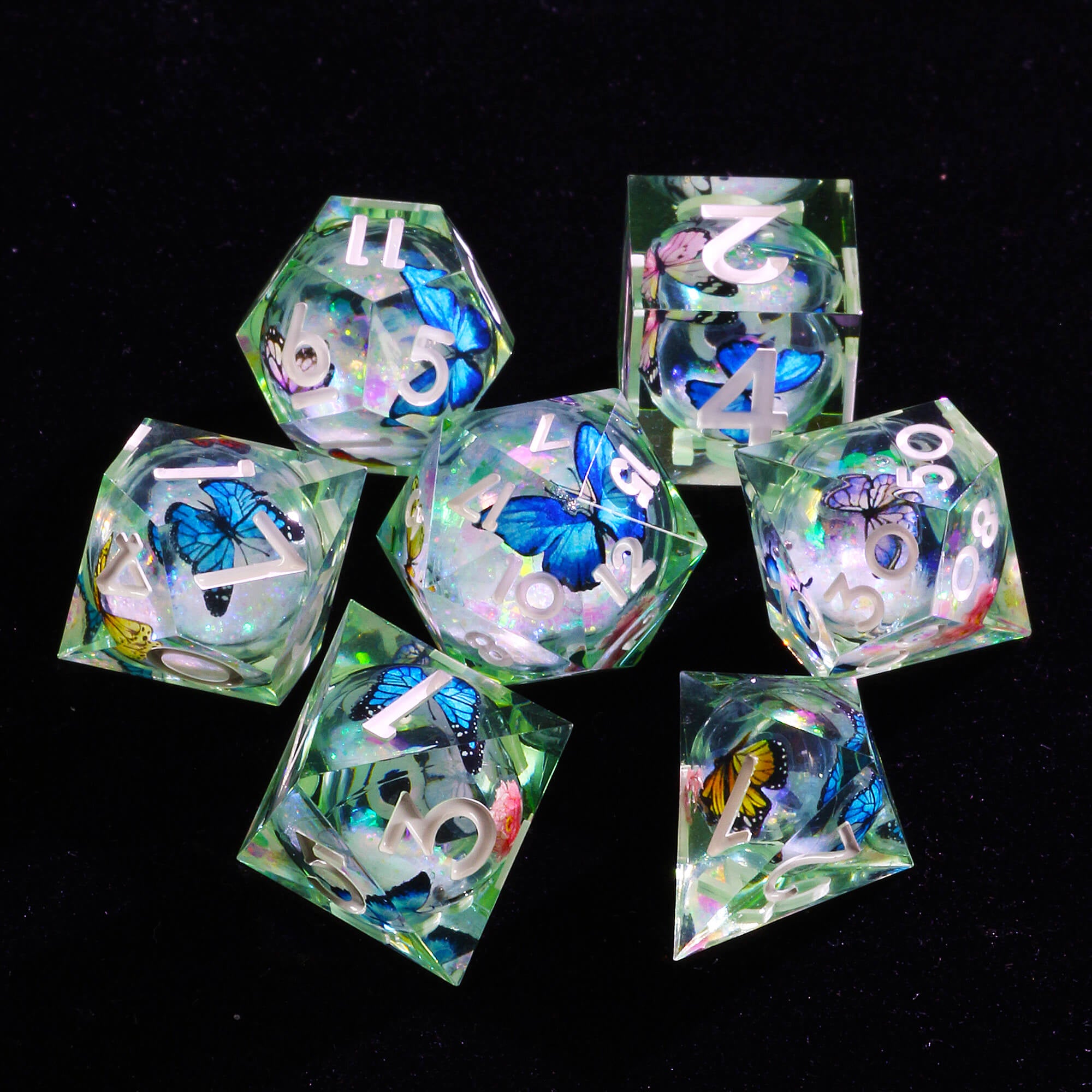 7 Polyhedral Resin Liquid Core DD Dice Set Butterfly - Dice of Dragons