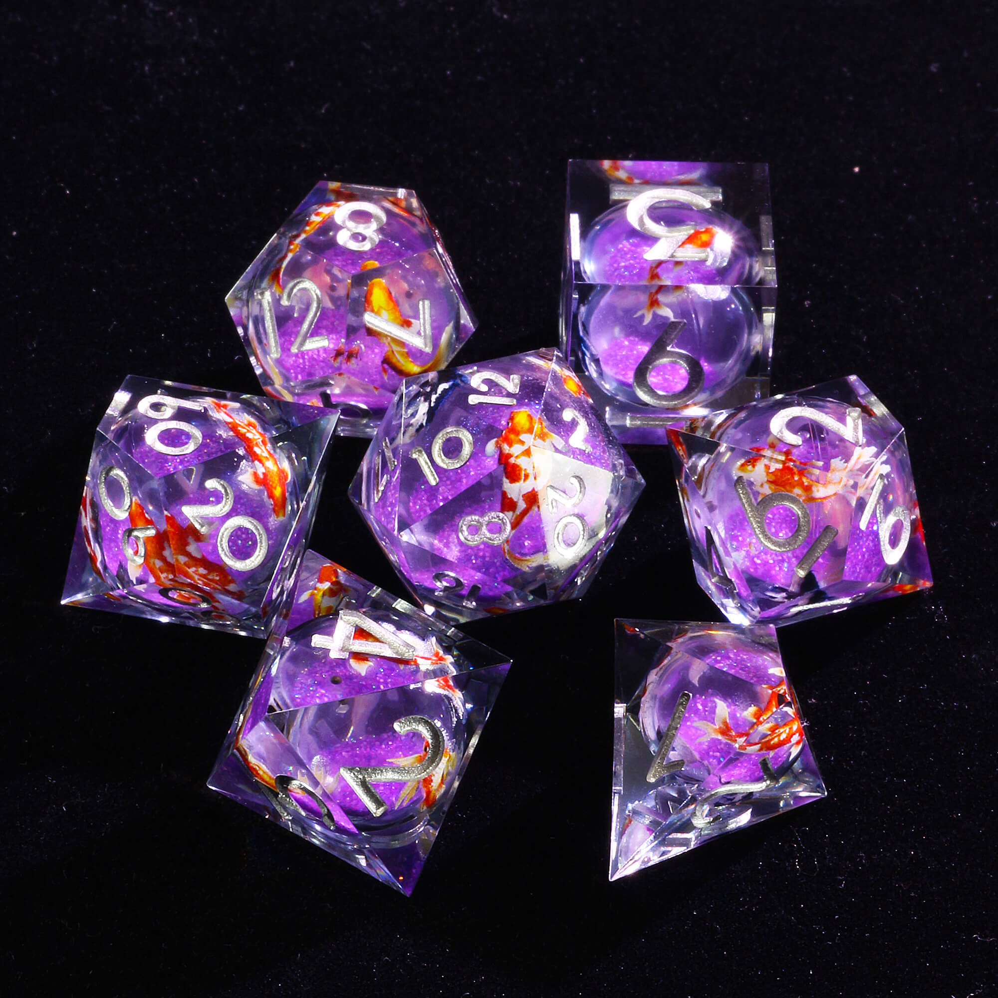 7 Polyhedral Resin Liquid Core DD Dice Sets Fish - Dice of Dragons